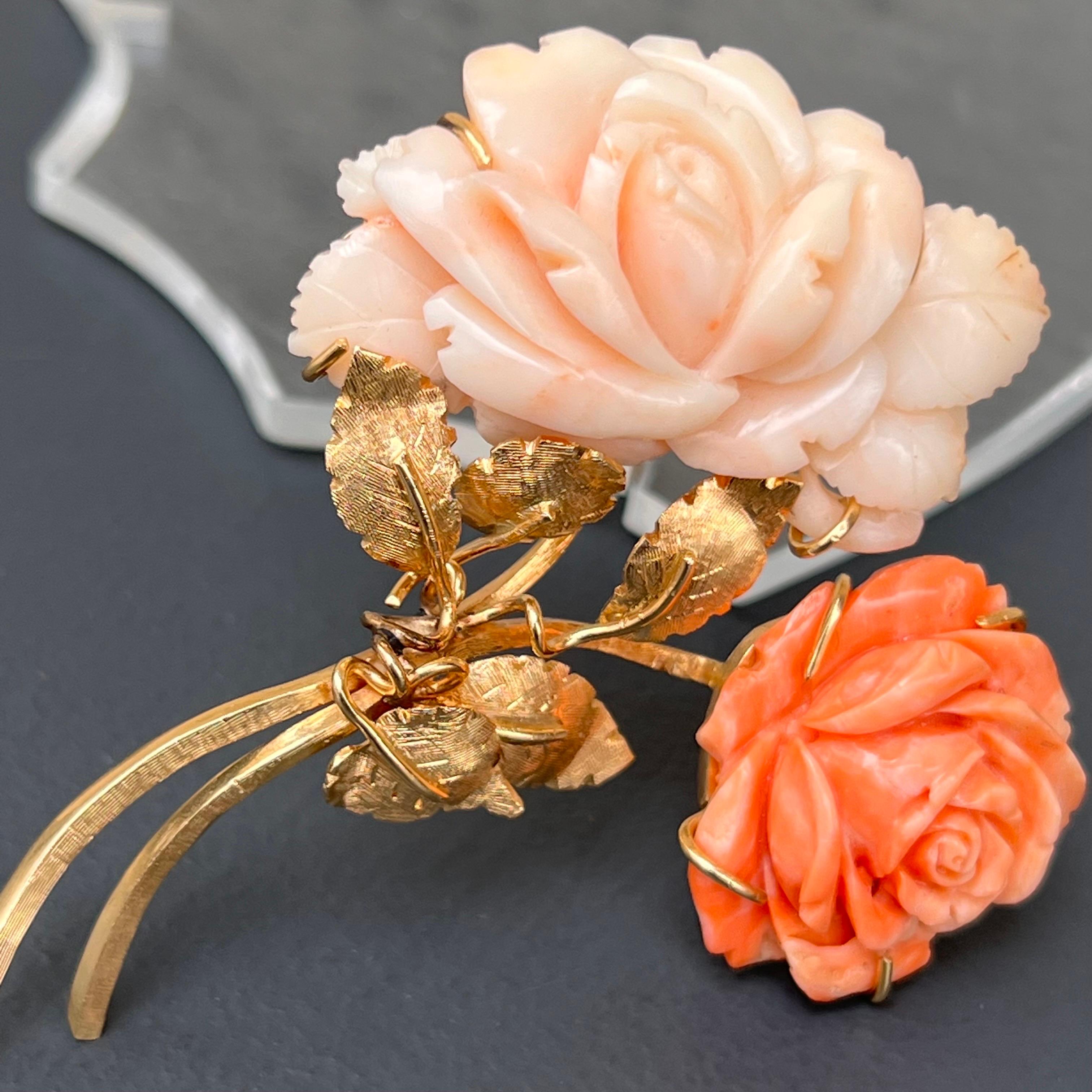 Large 14 Karat Gold Carved Coral Rose Floral Pin Brooch For Sale 4