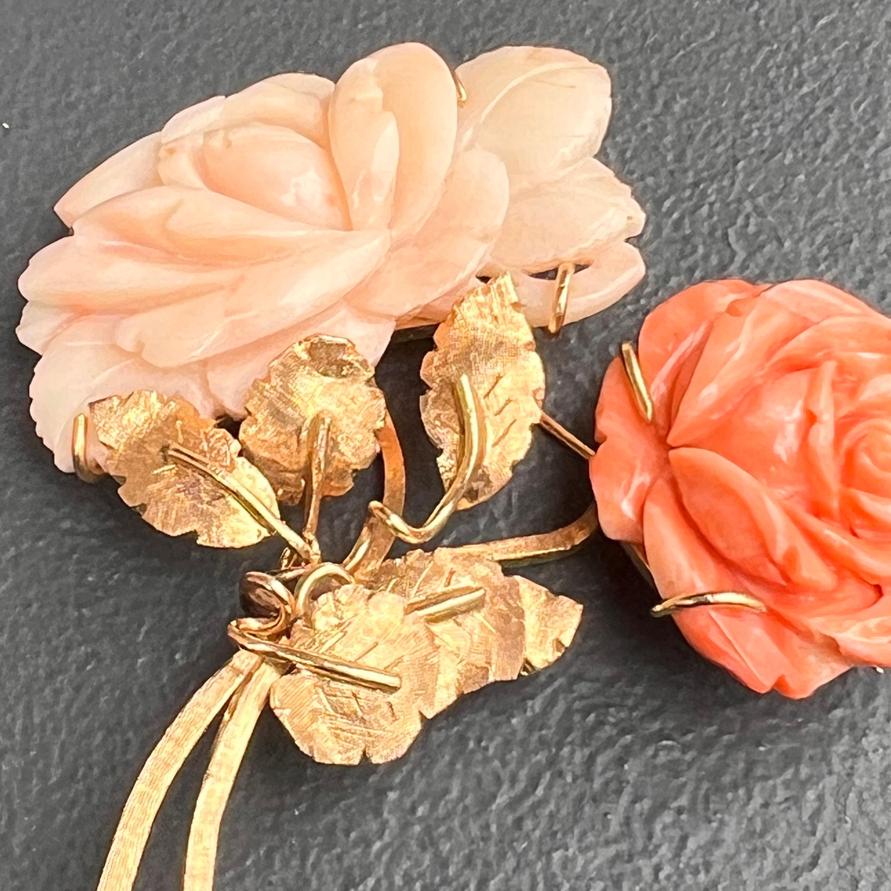 Retro Large 14 Karat Gold Carved Coral Rose Floral Pin Brooch For Sale