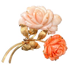 Large 14 Karat Gold Carved Coral Rose Floral Pin Brooch