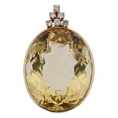 Large 14 Karat Gold Diamond Yellow Citrine Diamond Gemstone Necklace Pendant