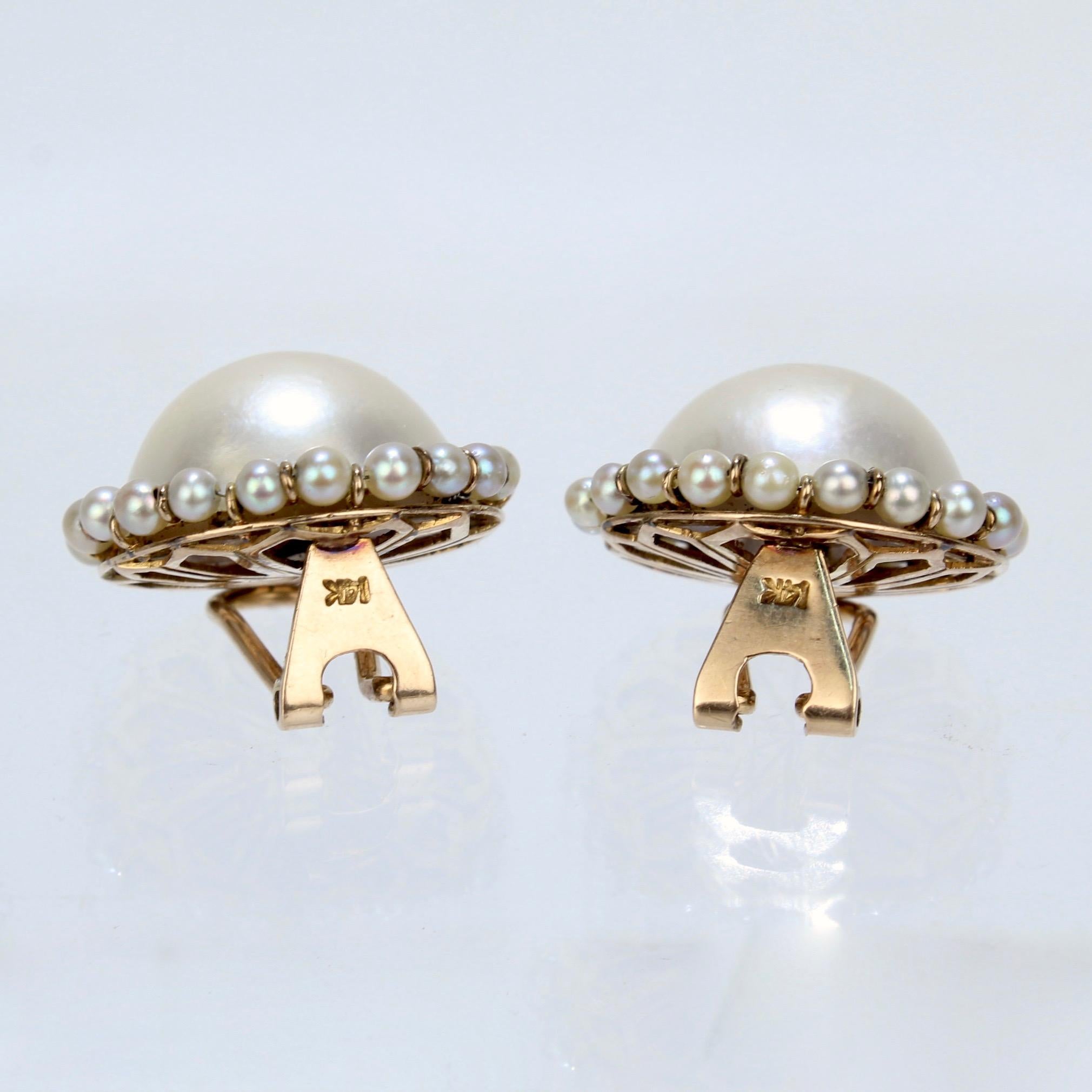 Modern Large 14 Karat Gold, Mabe Pearl, and Round White Pearl Clip-On Earrings