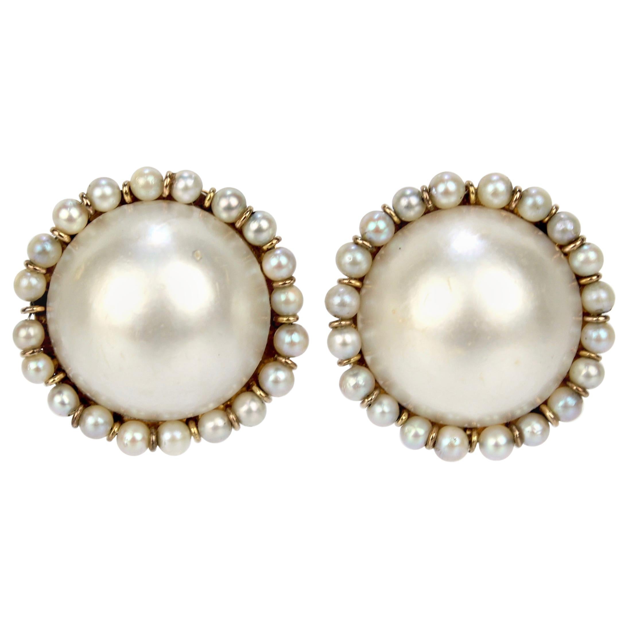 Large 14 Karat Gold, Mabe Pearl, and Round White Pearl Clip-On Earrings