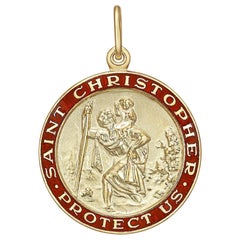 Large 14 Karat Gold St. Christopher Pendant with Red Enamel