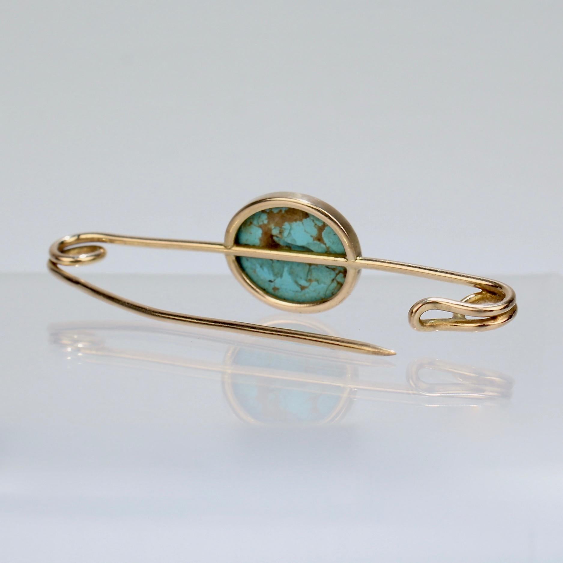 Modern Large 14 Karat Gold and Turquoise Cabachon Brooch or Scarf Pin