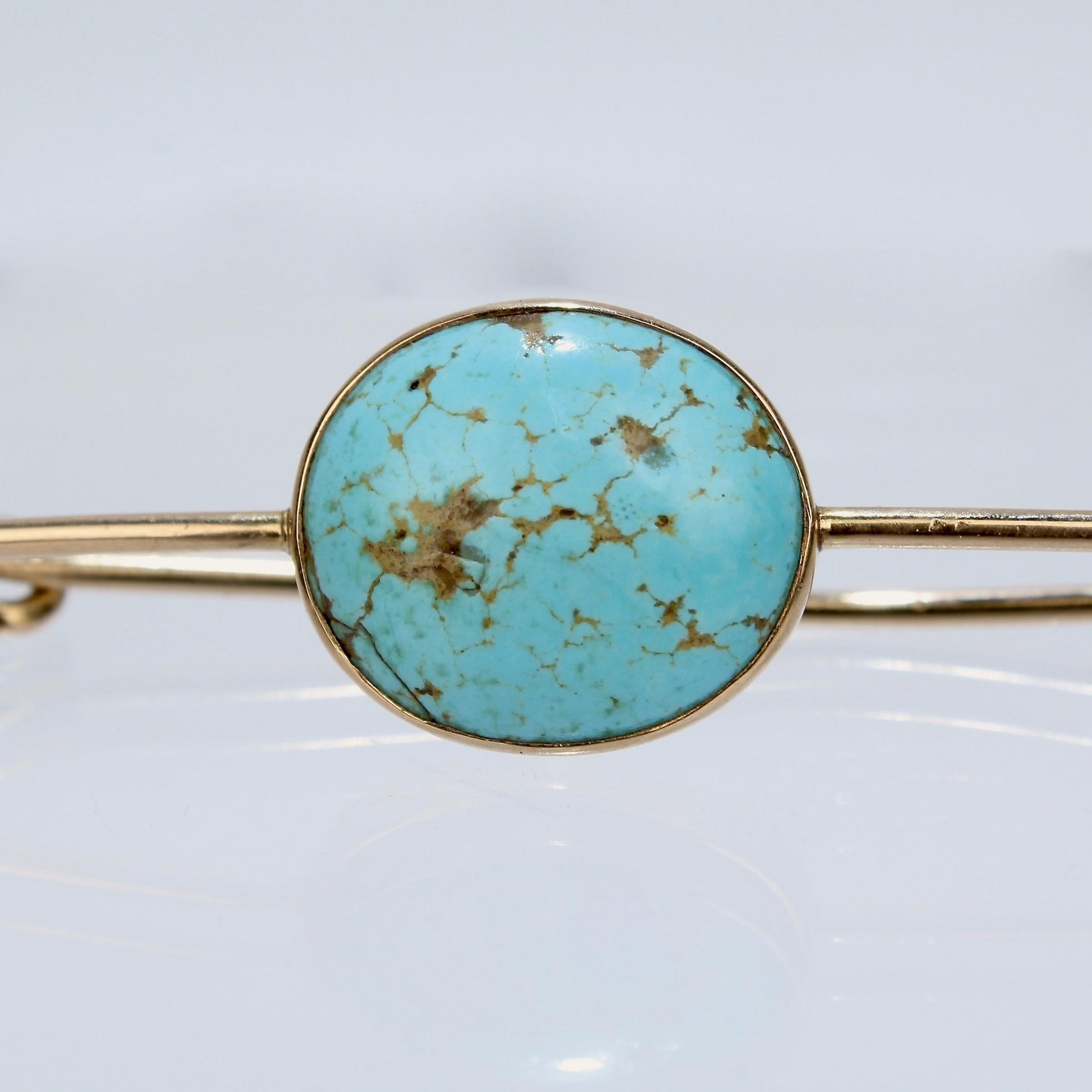 Large 14 Karat Gold and Turquoise Cabachon Brooch or Scarf Pin In Good Condition In Philadelphia, PA