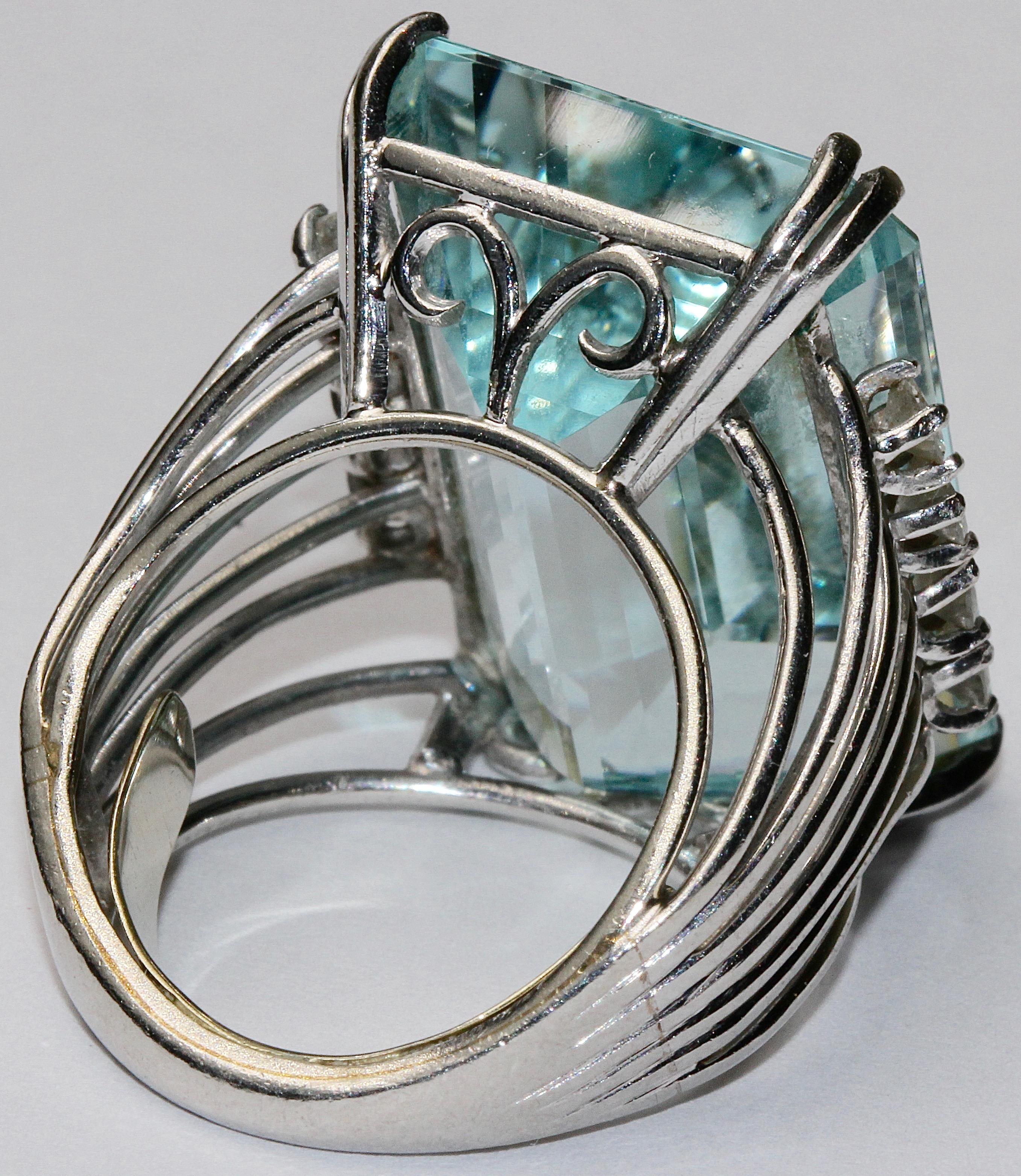 Emerald Cut Large 14 Karat White Gold Ring Set with Huge Aquamarine circa 30 Carat