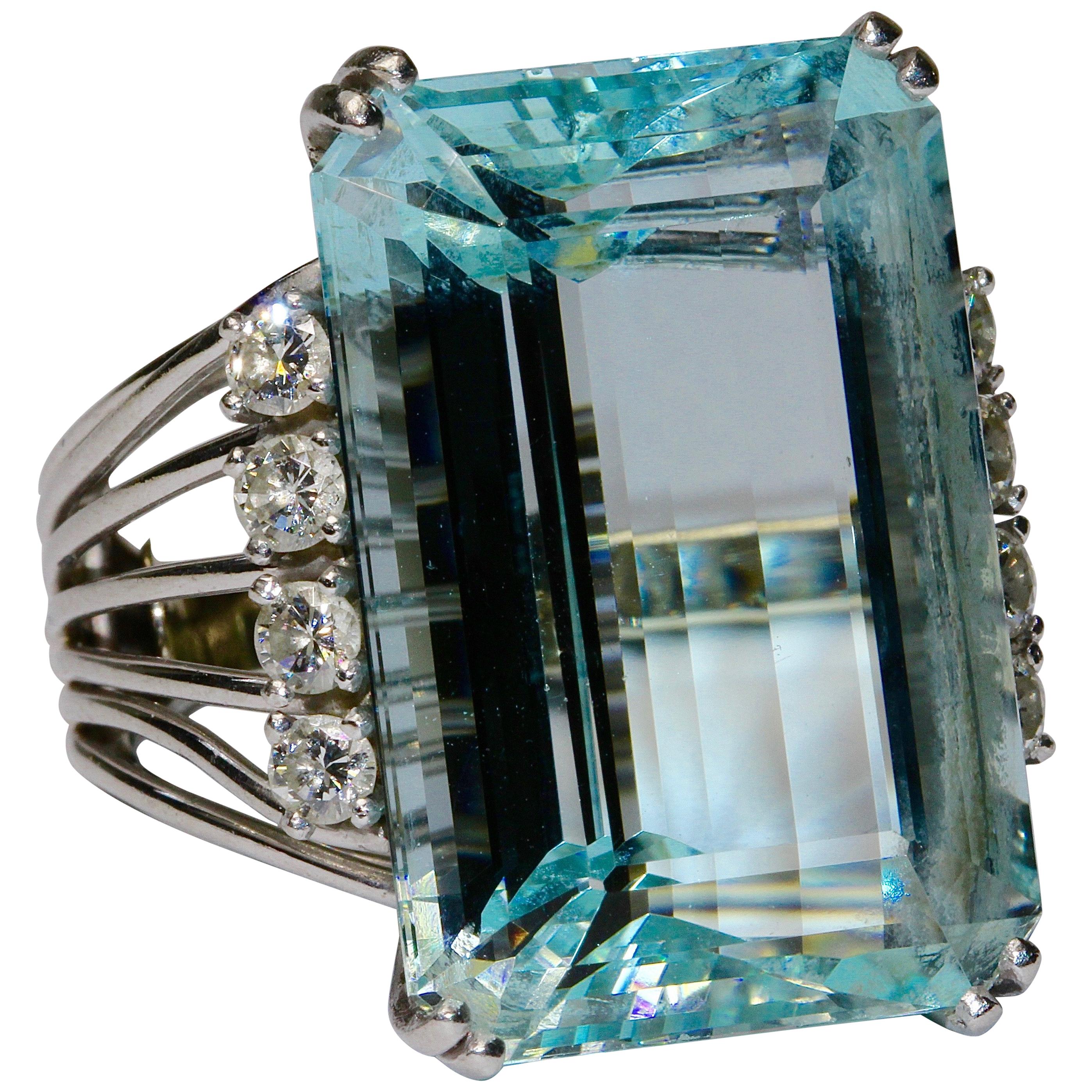 Large 14 Karat White Gold Ring Set with Huge Aquamarine circa 30 Carat