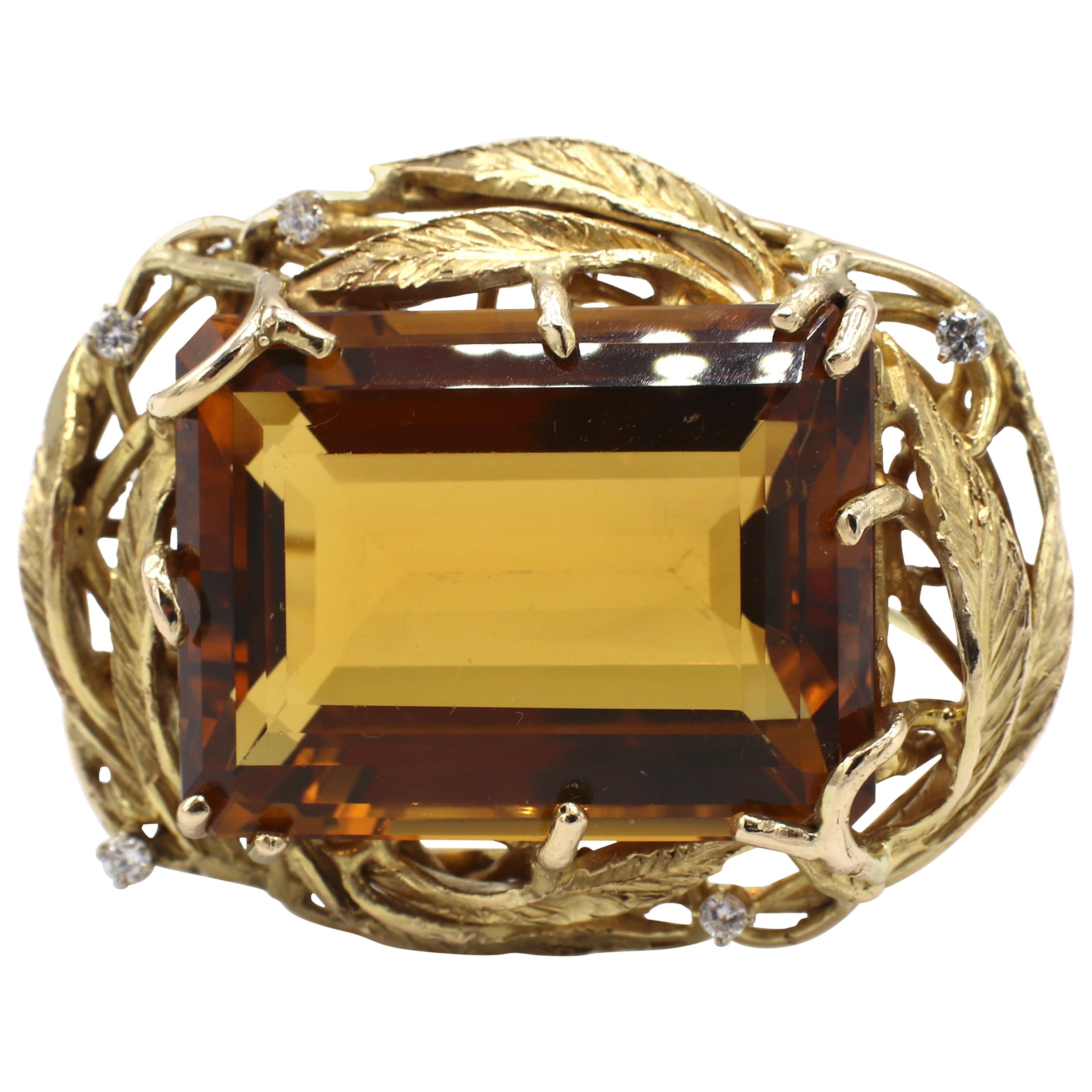 Large 14 Karat Yellow Gold Citrine and Diamond Pin Brooch