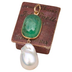 Large 14ct Emerald and Baroque Pearl 18K Gold Vintage Drop Cabochon Pendant
