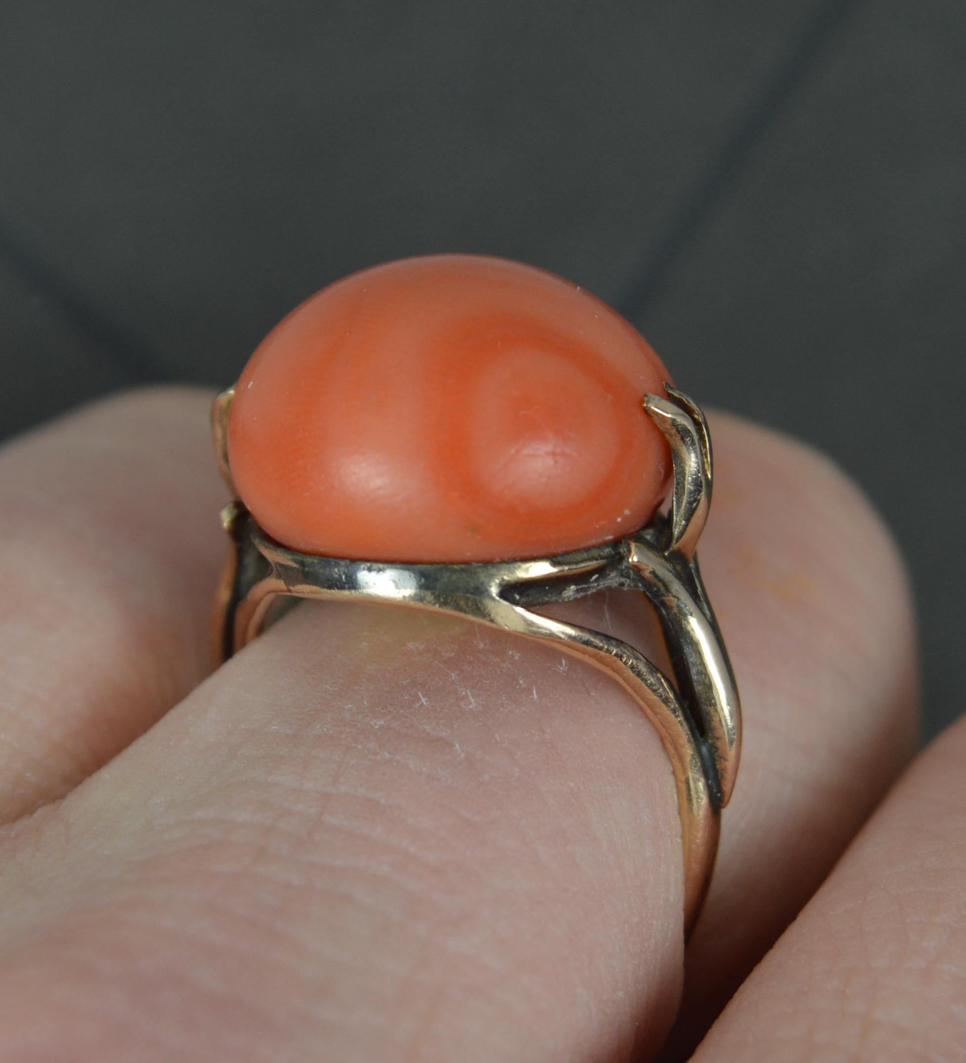 Cabochon Large 14ct Rose Gold and Coral Solitaire Statement Ring