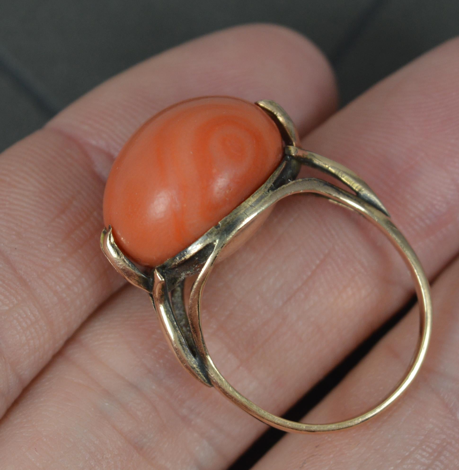 Large 14ct Rose Gold and Coral Solitaire Statement Ring In Excellent Condition For Sale In St Helens, GB