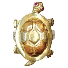 Gran Anillo de Tortuga Articulada de 14K con Ojos de Rubí