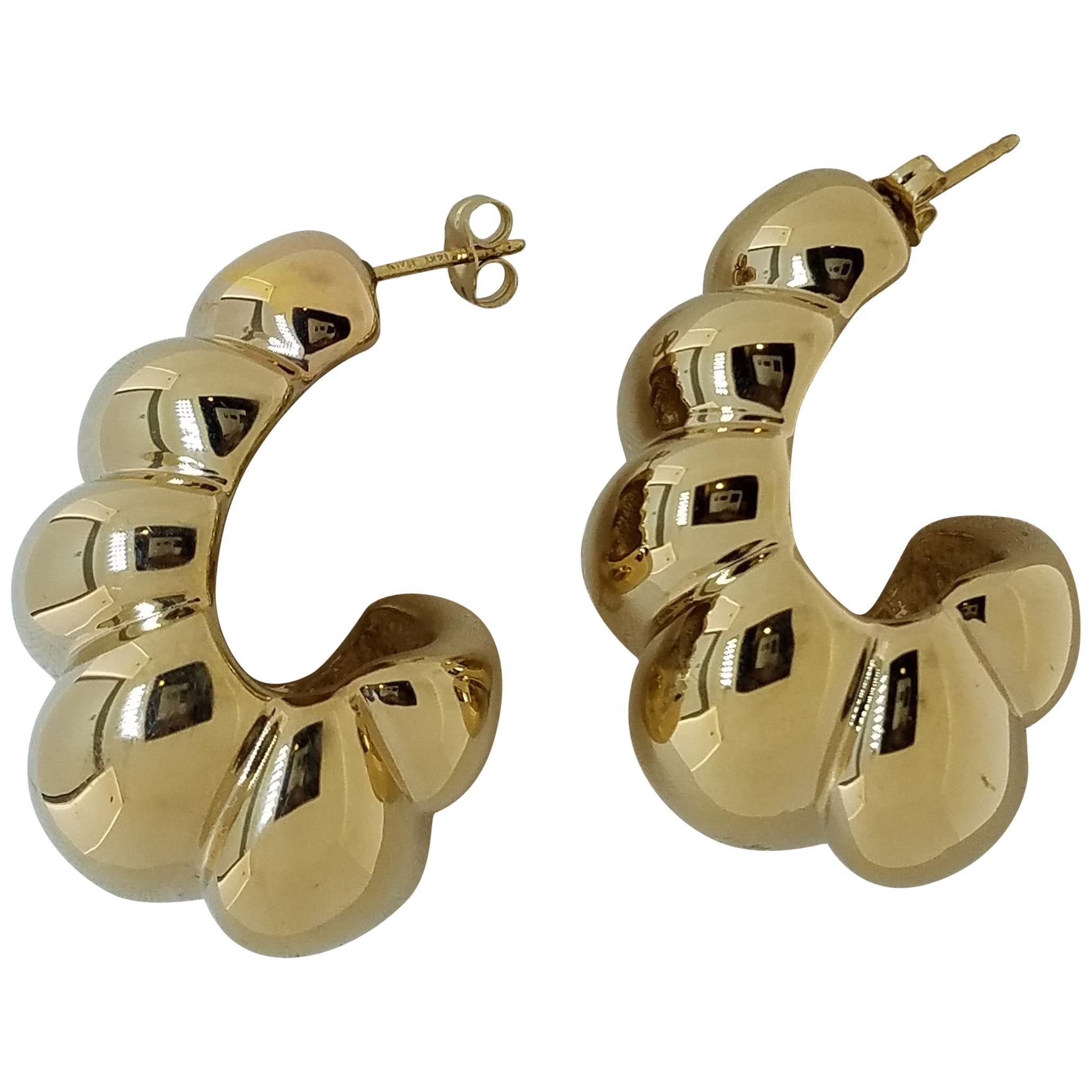 Large 14 Karat Domed Ribbed-Fluted Shrimp Design Earrings For Sale