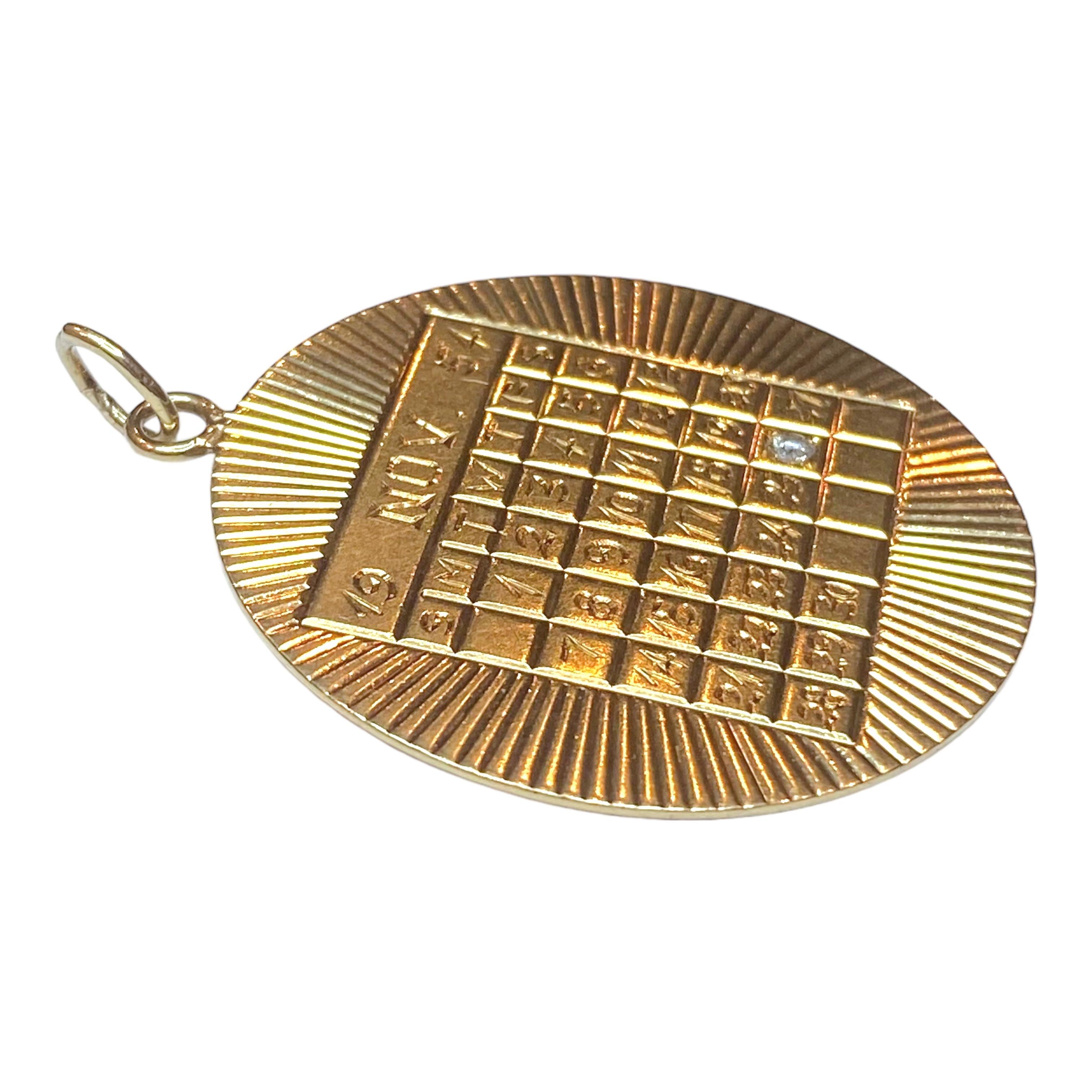 Round Cut Large 14K Engine Turn Calendar Disc Pendant with Diamond
