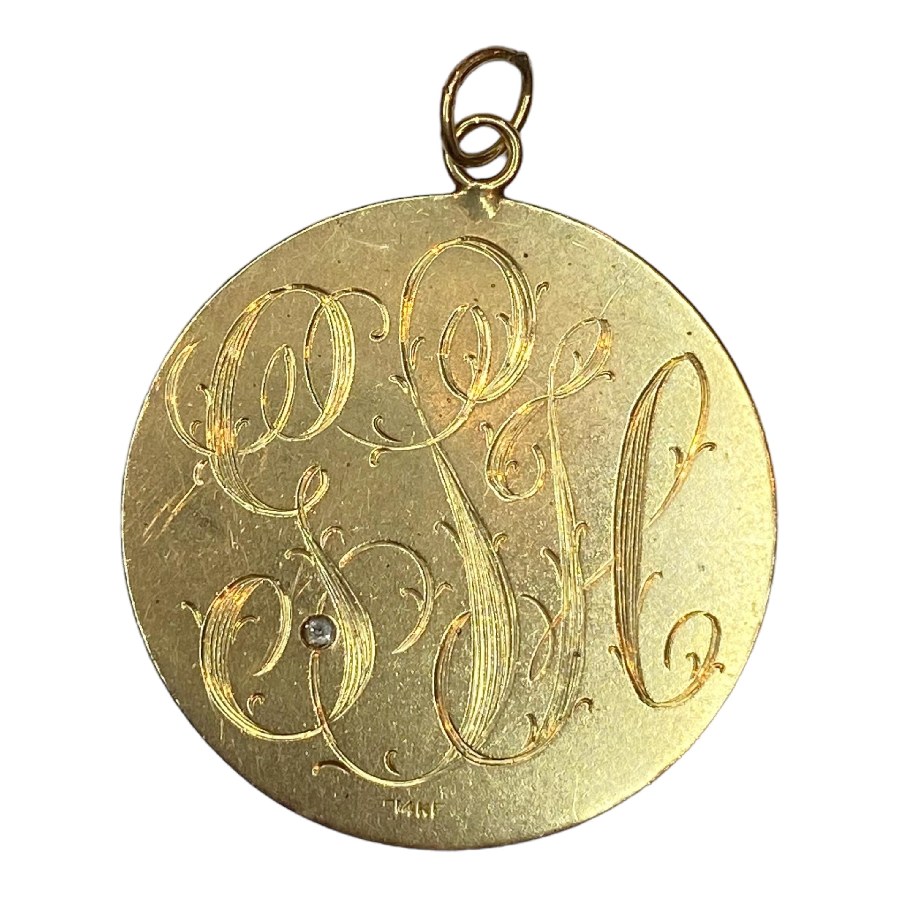 Large 14K Engine Turn Calendar Disc Pendant with Diamond In Good Condition In Henderson, NV