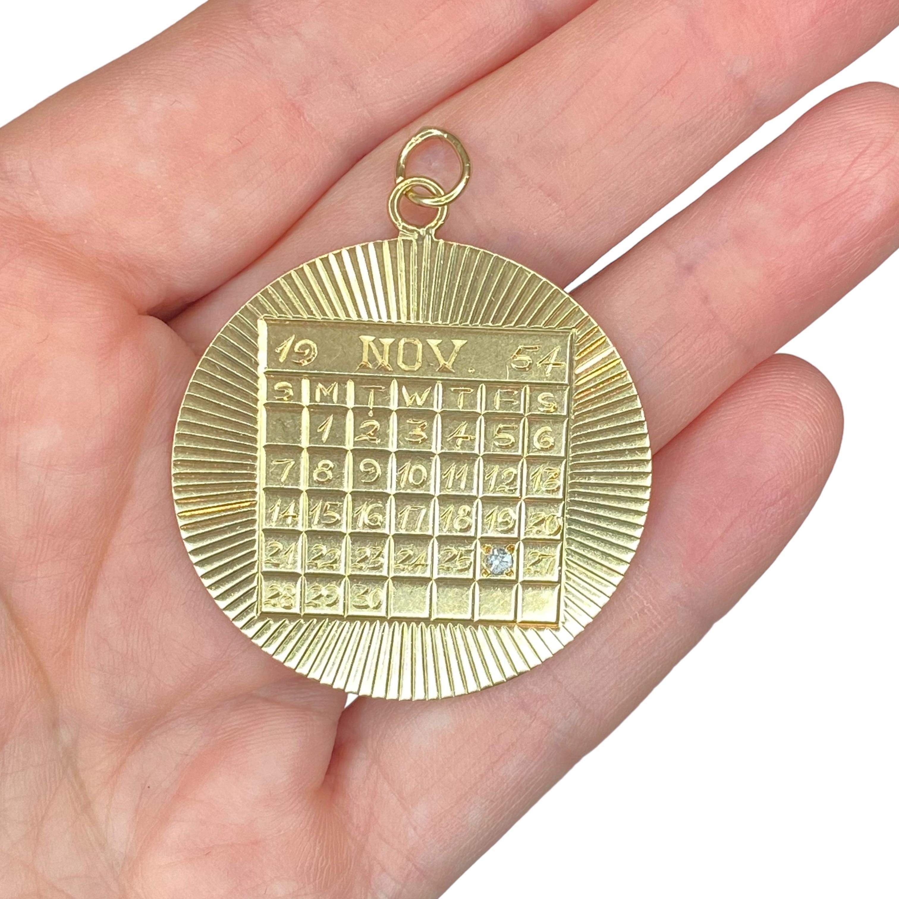 Large 14K Engine Turn Calendar Disc Pendant with Diamond 1