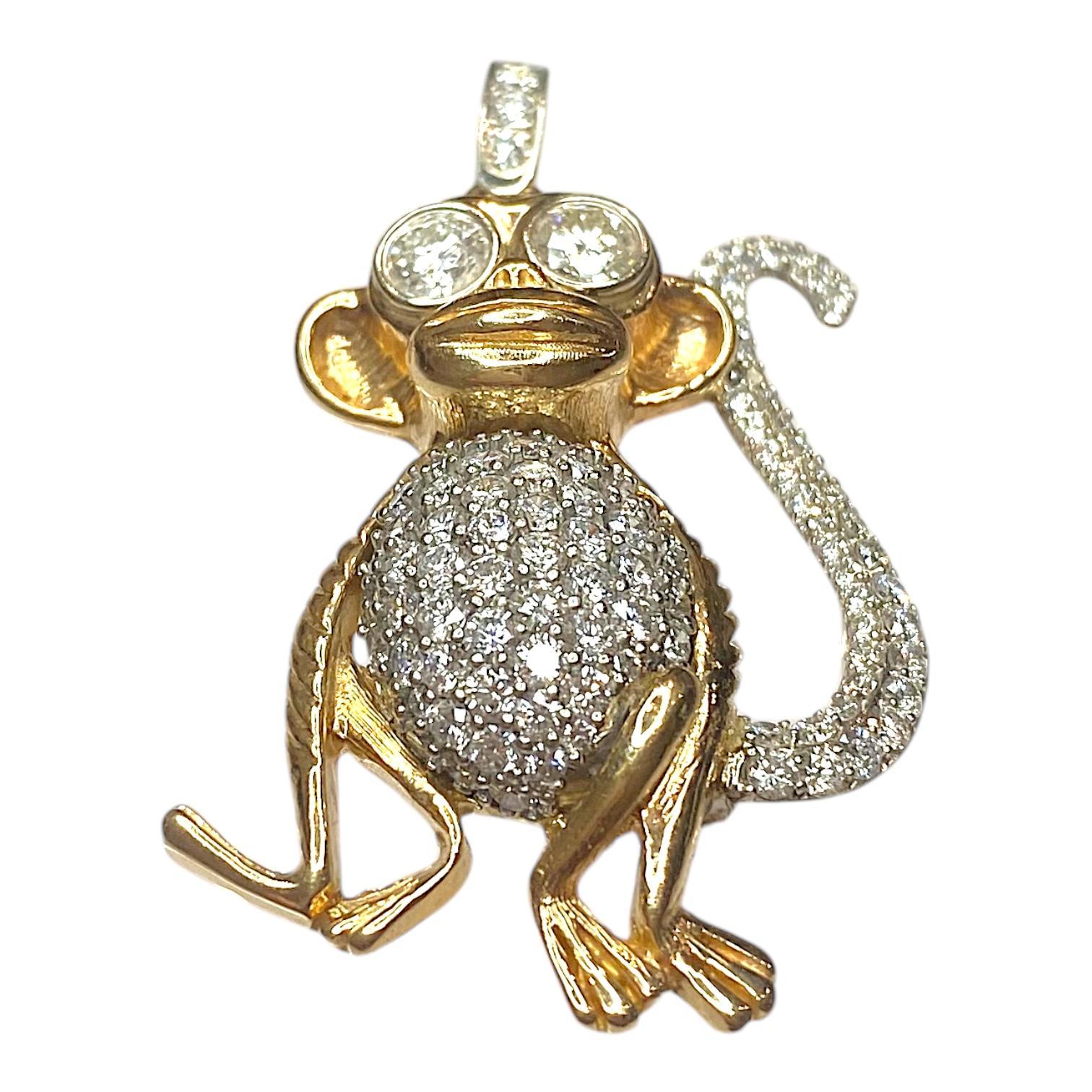 Contemporary Large 14K Gold and Diamond Monkey Pendant