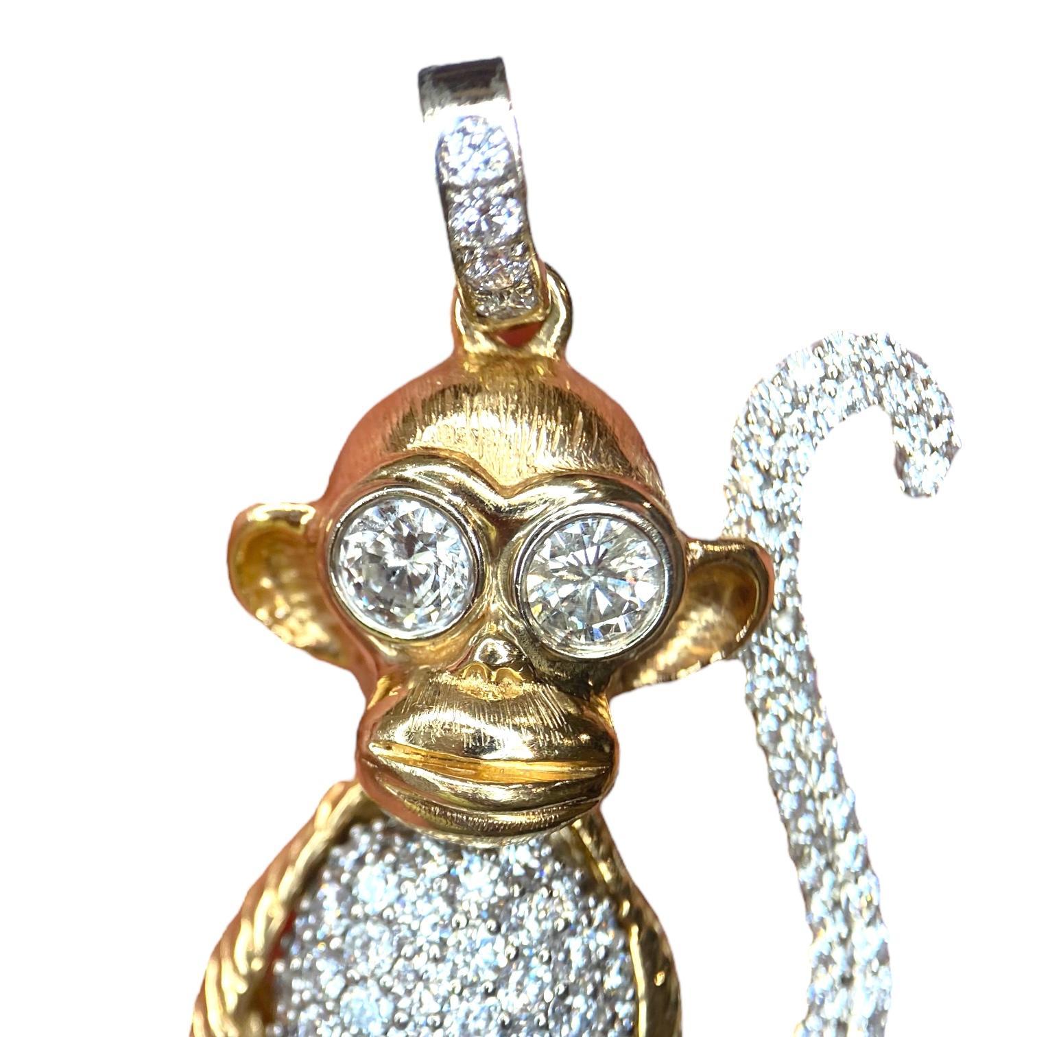 Brilliant Cut Large 14K Gold and Diamond Monkey Pendant
