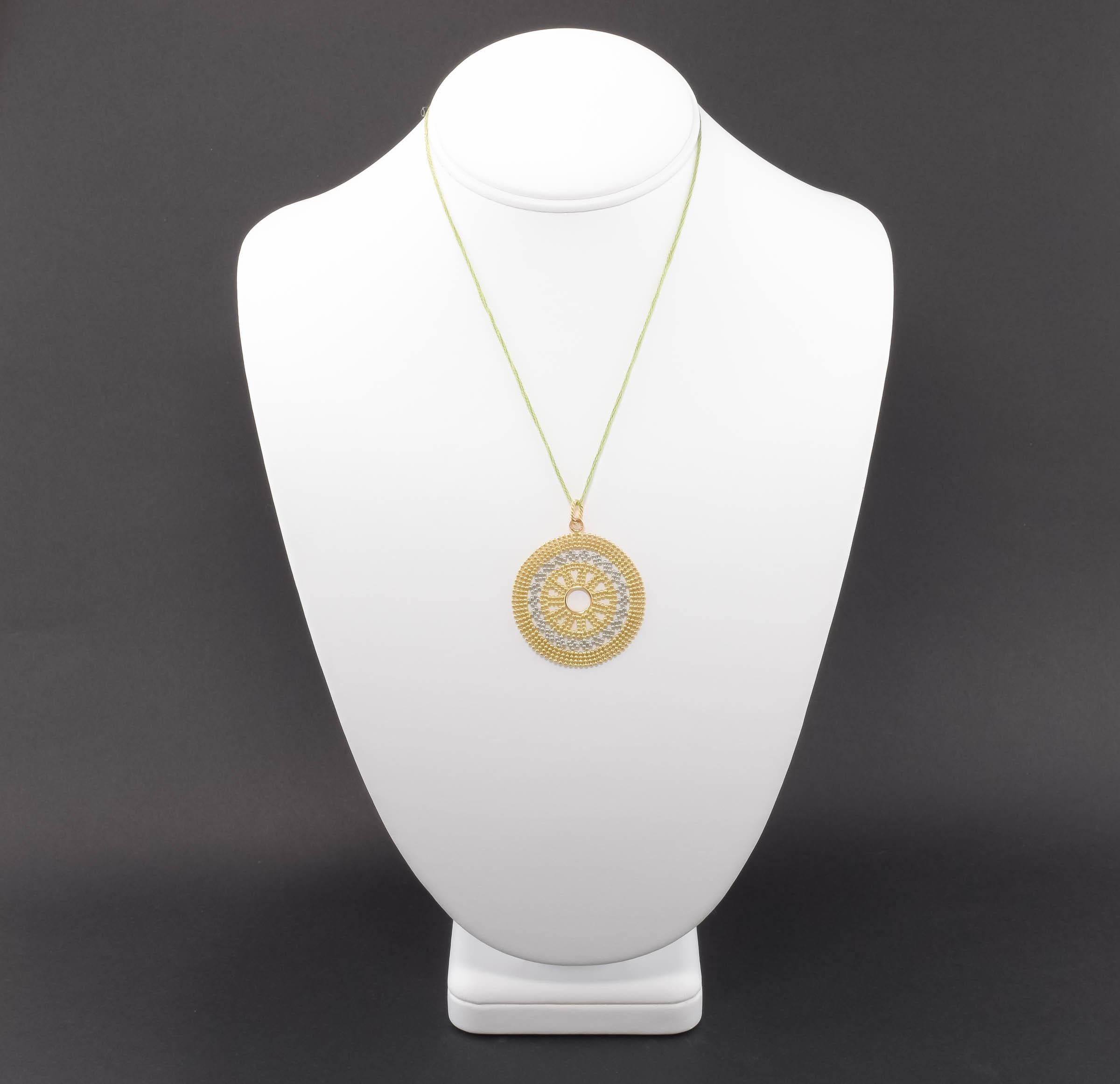 Modern Large 14K Gold Beaded Mandala Medallion Pendant For Sale
