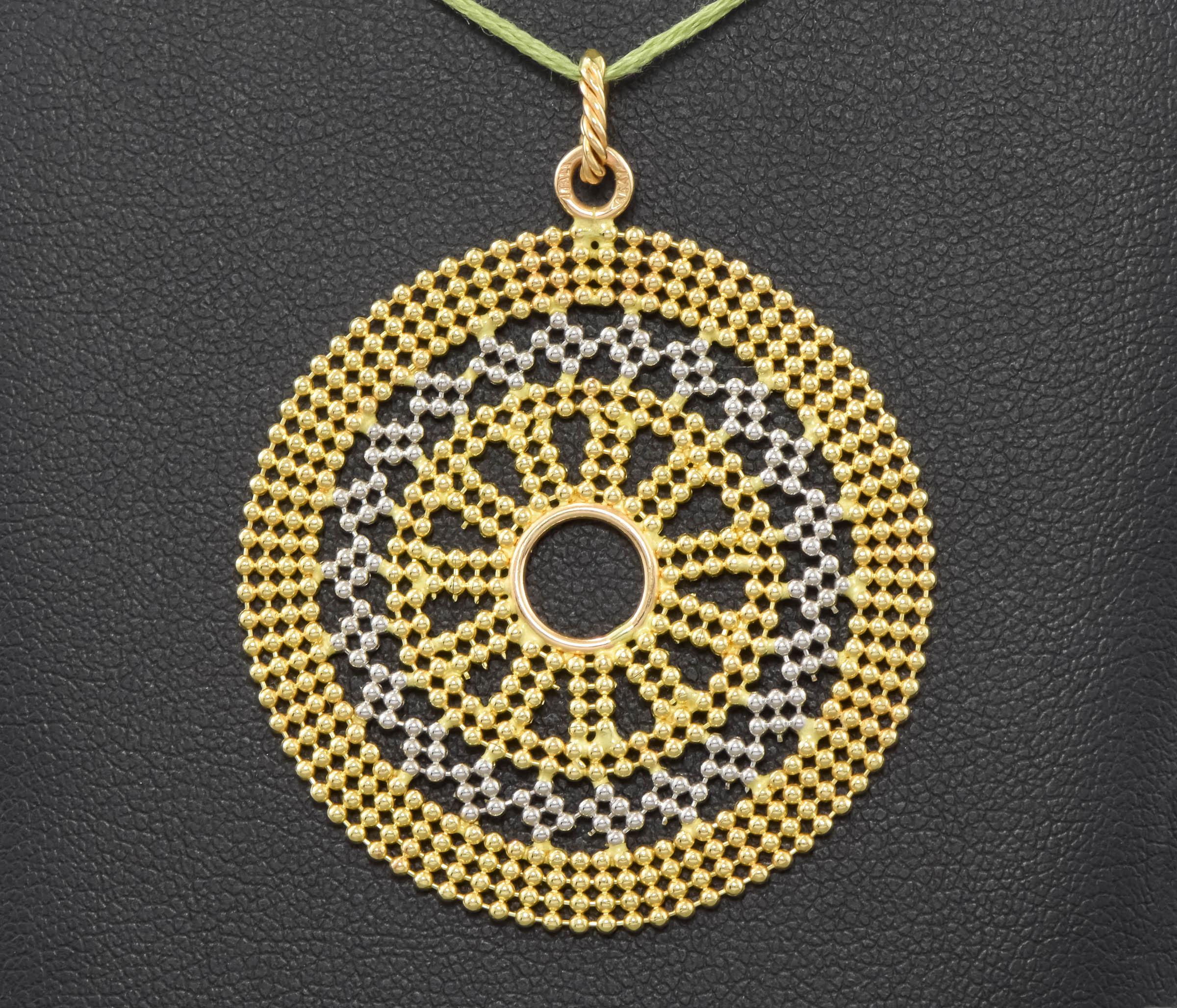 Large 14K Gold Beaded Mandala Medallion Pendant In Good Condition For Sale In Danvers, MA