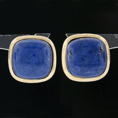 Large 14K Gold Cushion Cabochon Polished Lapis Lazuli Bezel Set Button Earrings
