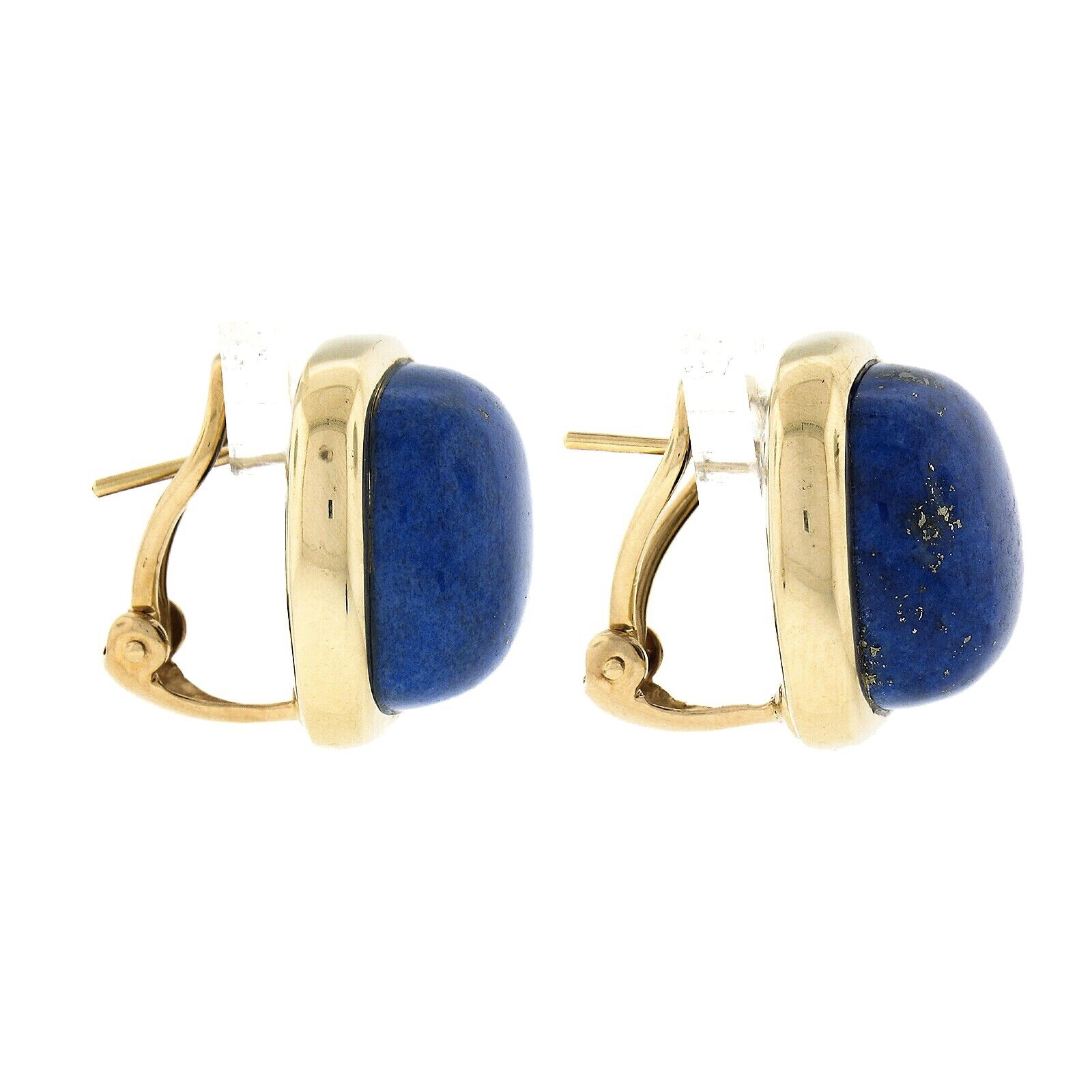 Cushion Cut Large 14K Gold Cushion Cabochon Polished Lapis Lazuli Bezel Set Button Earrings For Sale