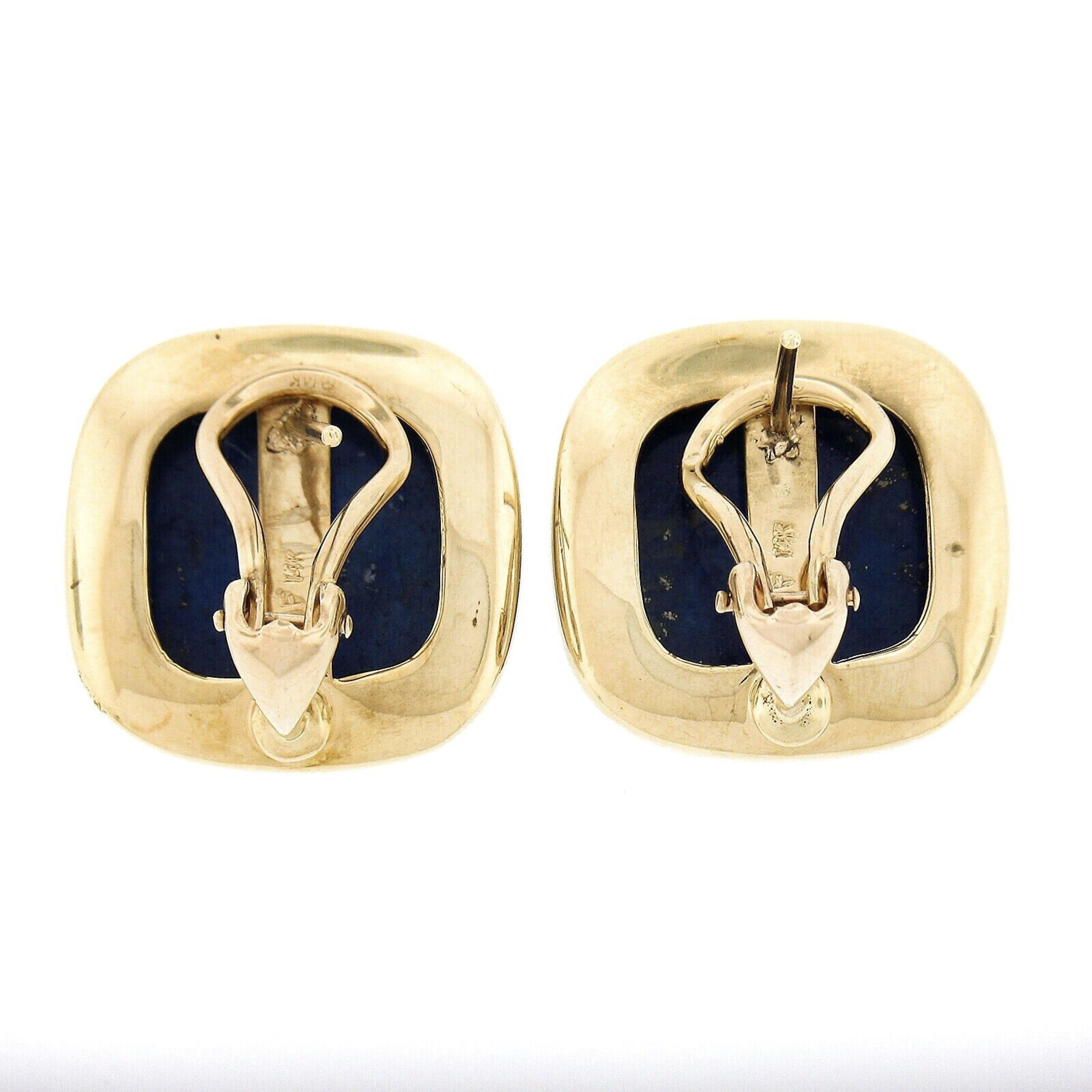 Große große 14K Gold Kissen Cabochon polierte Lapislazuli Lünette gesetzte Knopfleiste Ohrringe Damen im Angebot