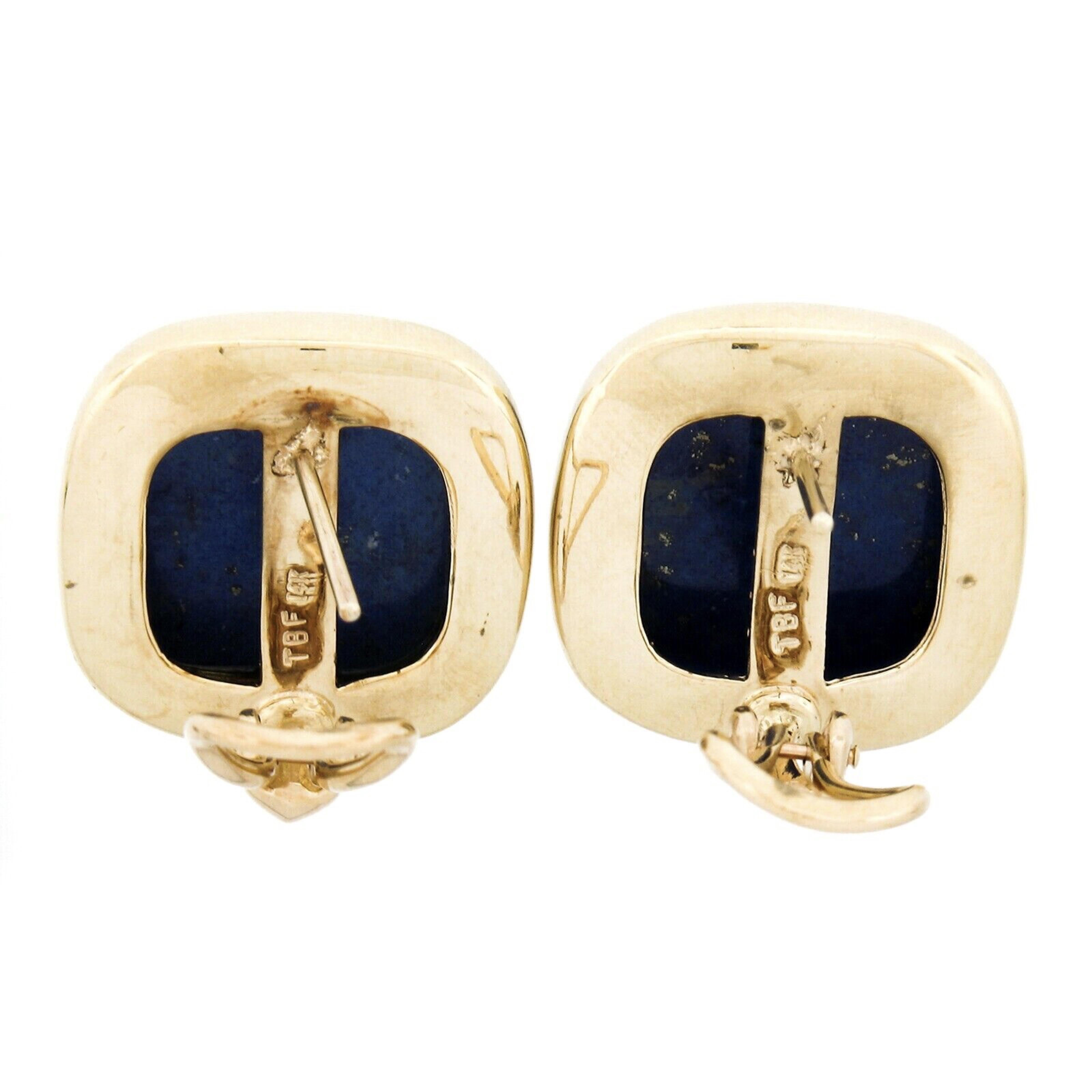 Women's Large 14K Gold Cushion Cabochon Polished Lapis Lazuli Bezel Set Button Earrings For Sale
