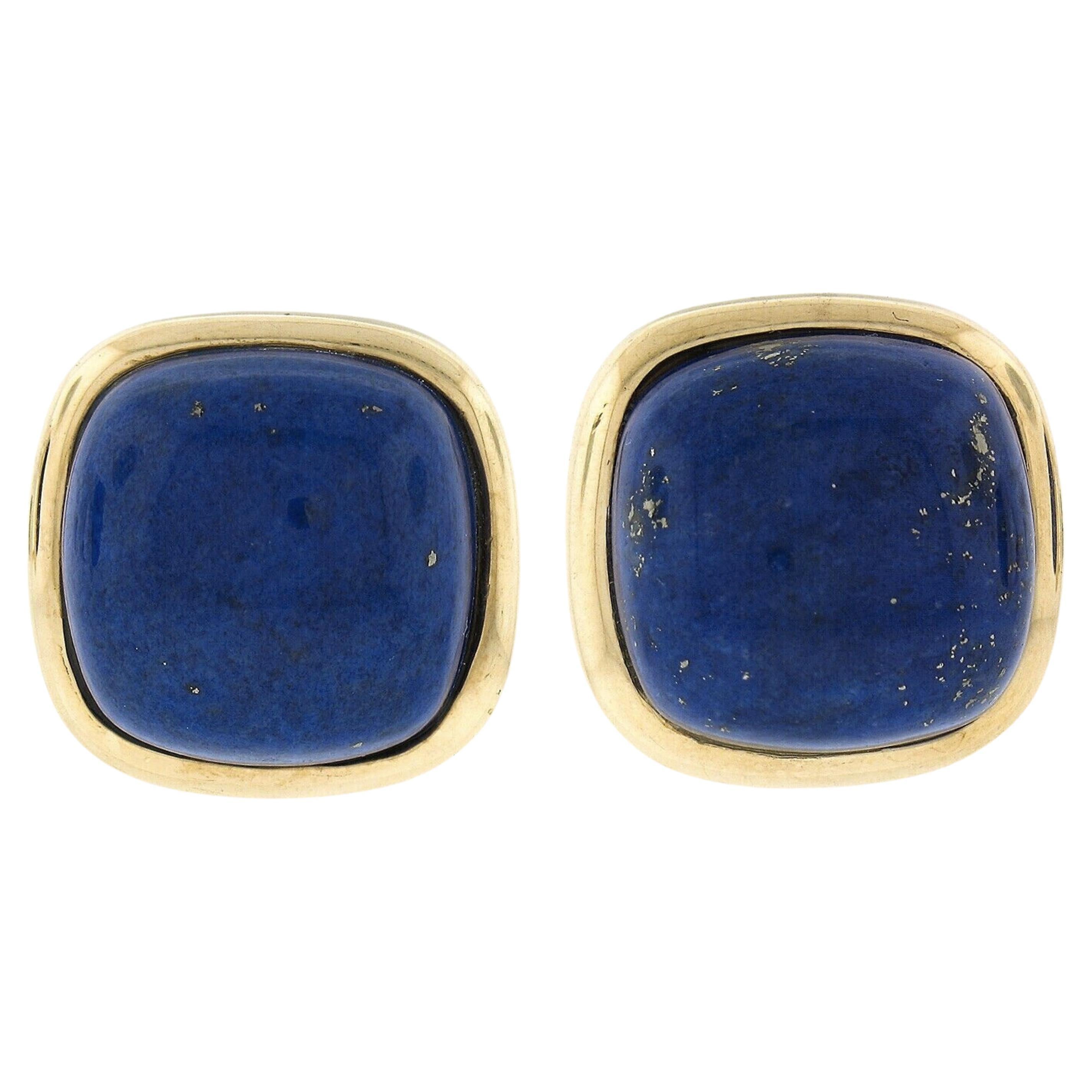 Large 14K Gold Cushion Cabochon Polished Lapis Lazuli Bezel Set Button Earrings For Sale