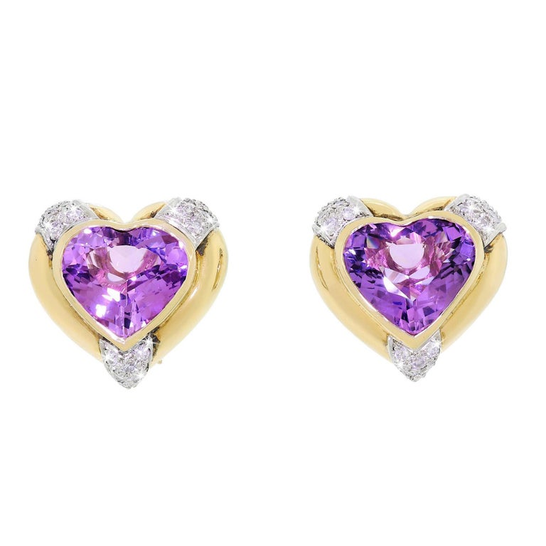 Large 14K Gold Diamond Amethyst Love Heart Earrings Eye-Catching and ...