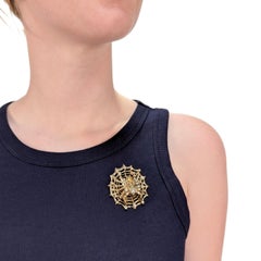 Large 14K Gold, Diamond, and Yellow Sapphire Spider & Web Brooch