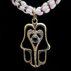 Large 14K Gold Hamsa (Hand of Fatima) Sapphire Pendant & 3-Strand Pearl Necklace