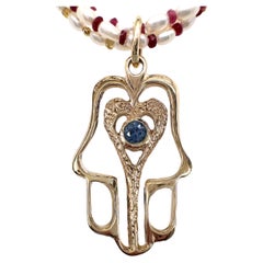 Large 14K Gold Hamsa (Hand of Fatima) Sapphire Pendant 
3-Strand Pearl Necklace