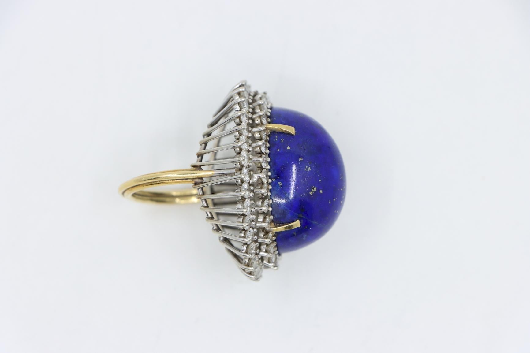 Large 14K Gold Lapis Lazuli Diamonds Ring In Good Condition For Sale In Flushing, NY
