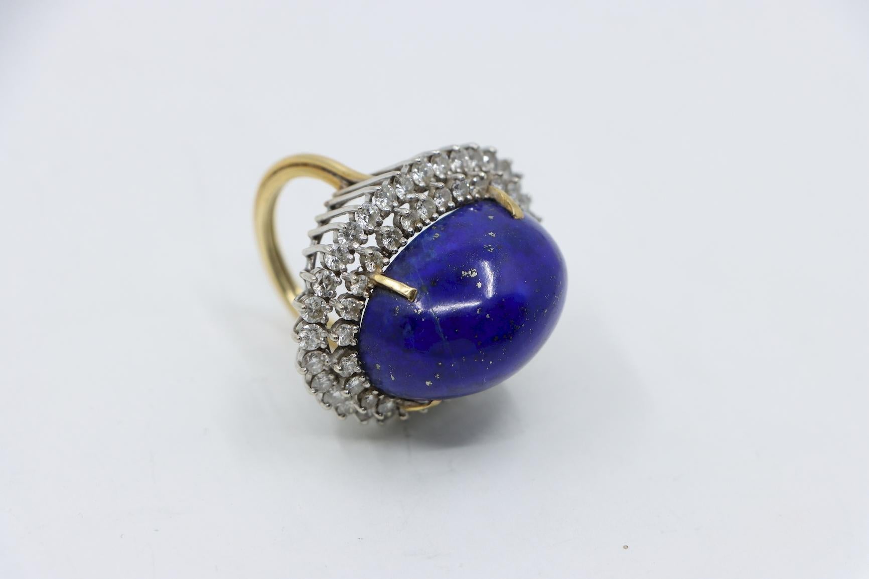 Women's or Men's Large 14K Gold Lapis Lazuli Diamonds Ring For Sale