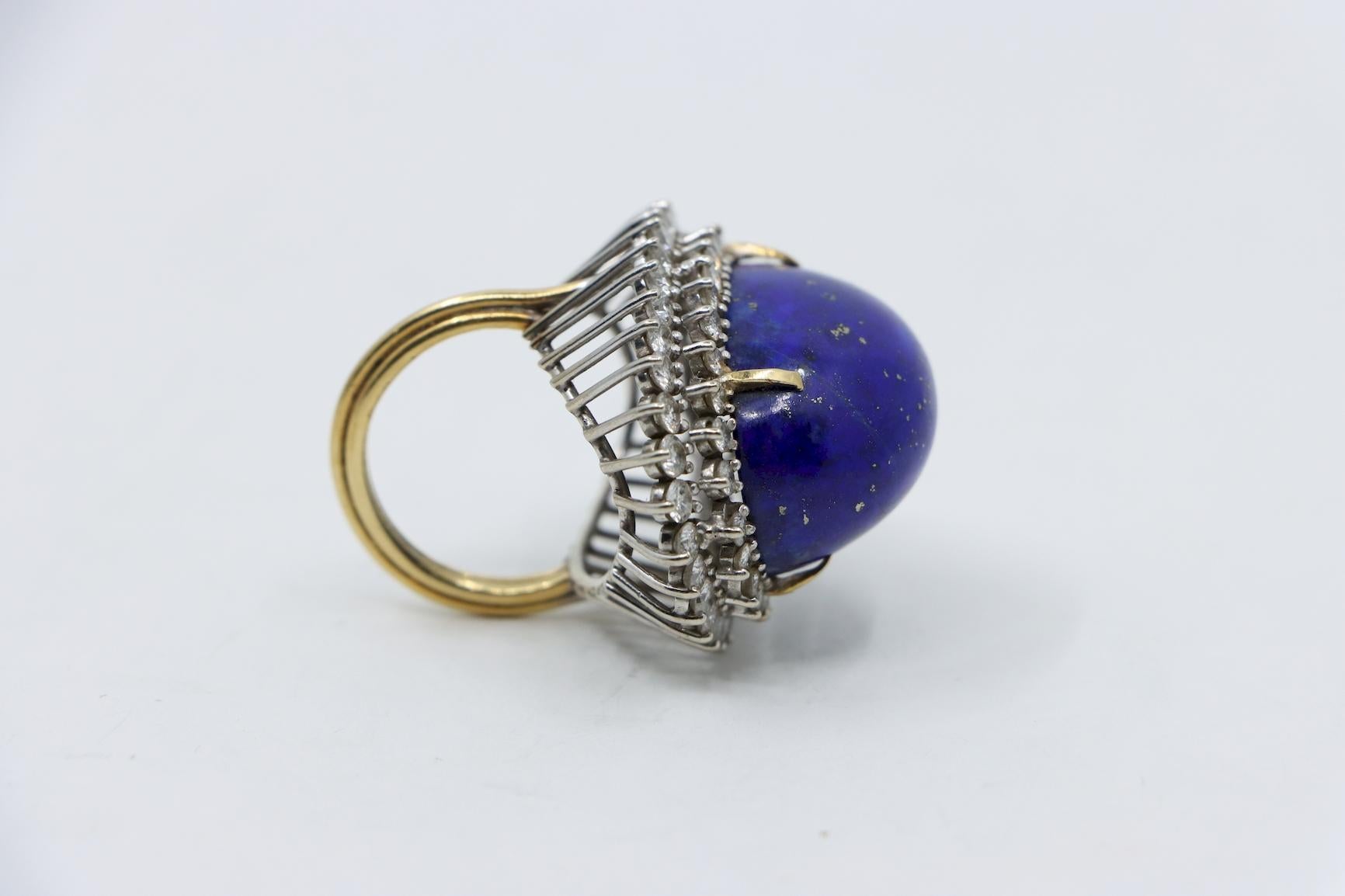 Large 14K Gold Lapis Lazuli Diamonds Ring For Sale 1