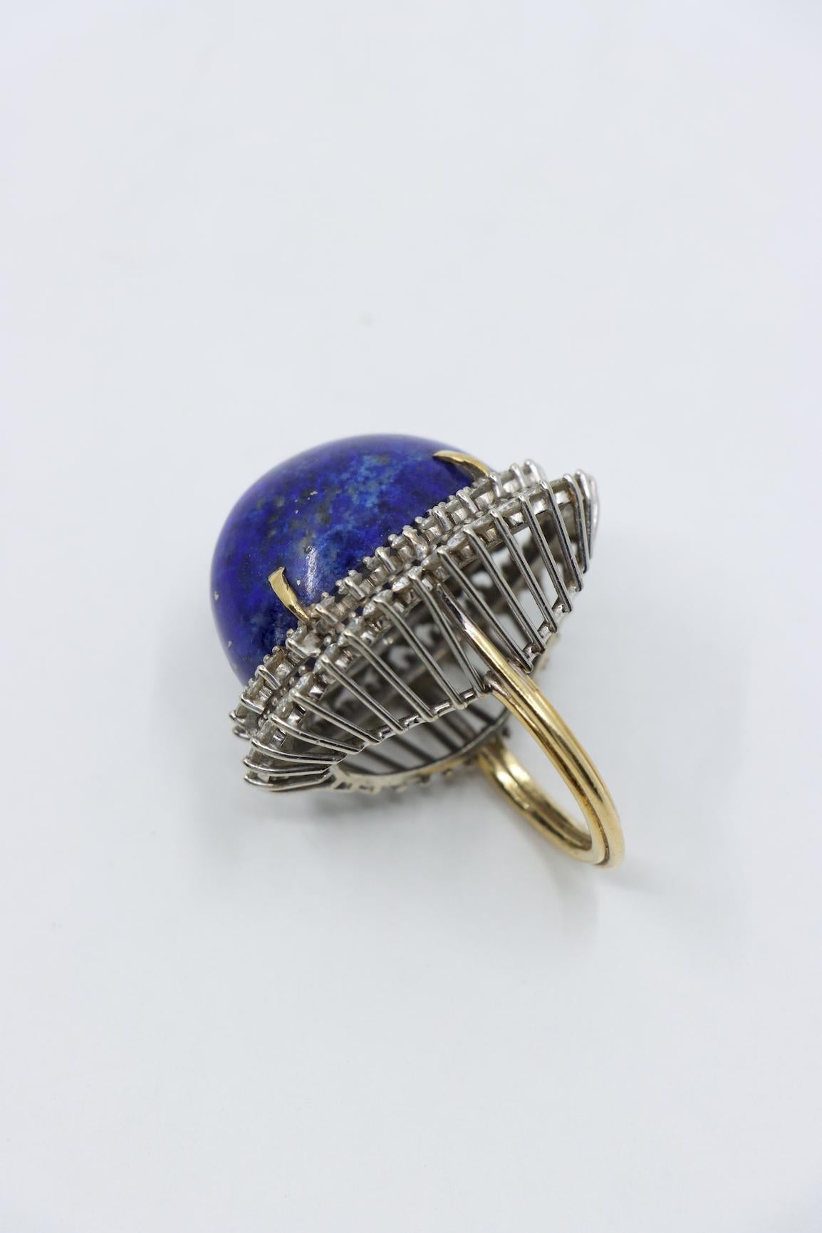 Large 14K Gold Lapis Lazuli Diamonds Ring For Sale 2