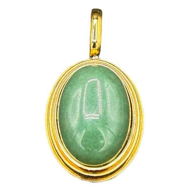 Art déco Grand pendentif ovale en or 14 carats à gradins en aventurine naturelle en vente