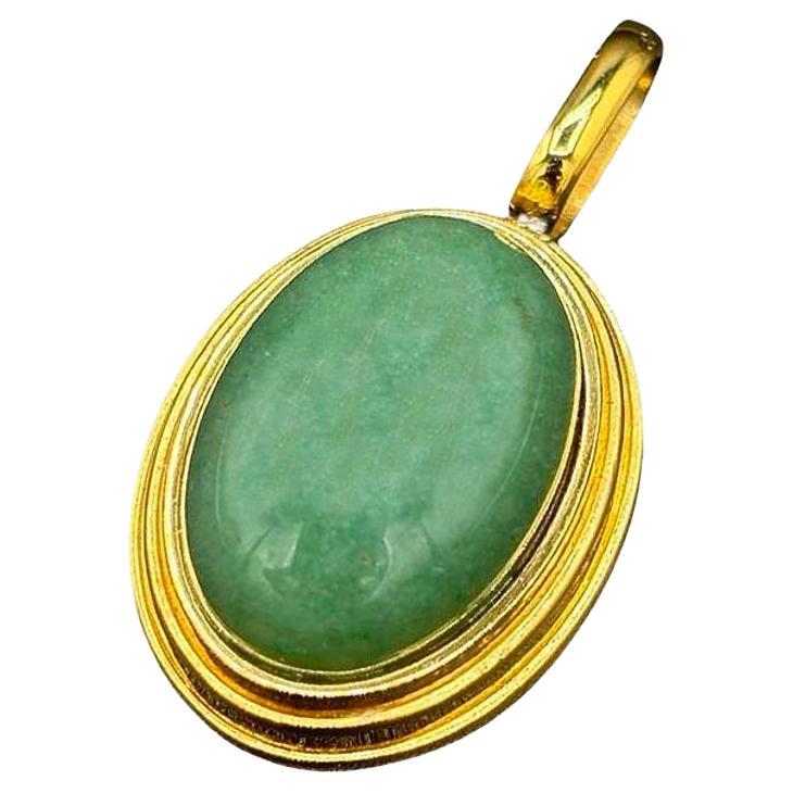 Large 14k Gold Stepped Natural Aventurine Oval Pendent