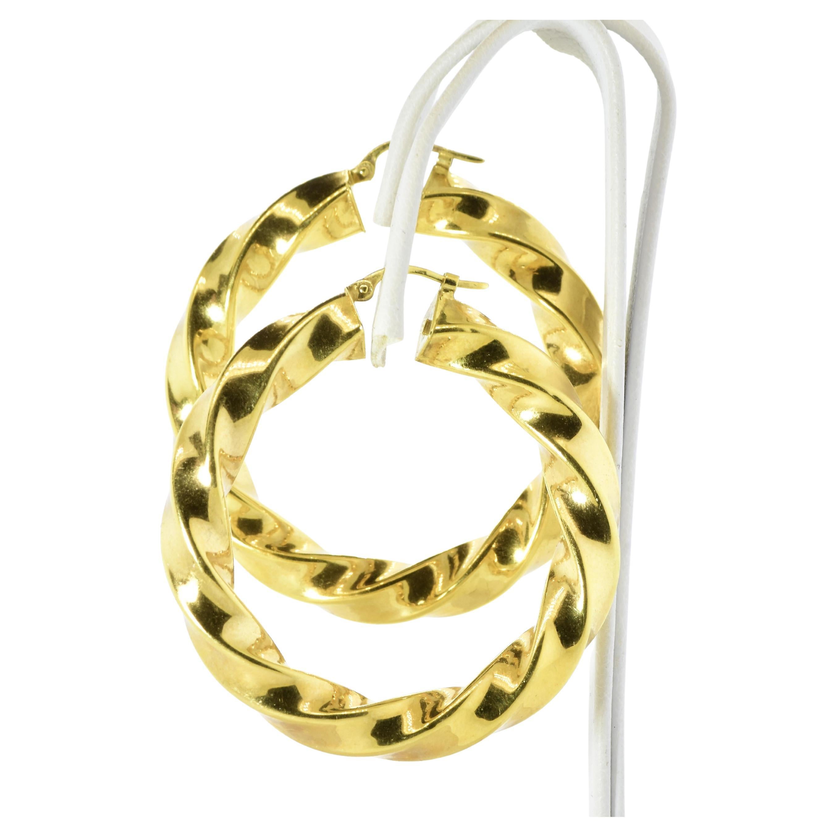 Large 14K Gold  Unusual Twisted Motif Vintage 1.75 Inches in Diameter Hoops