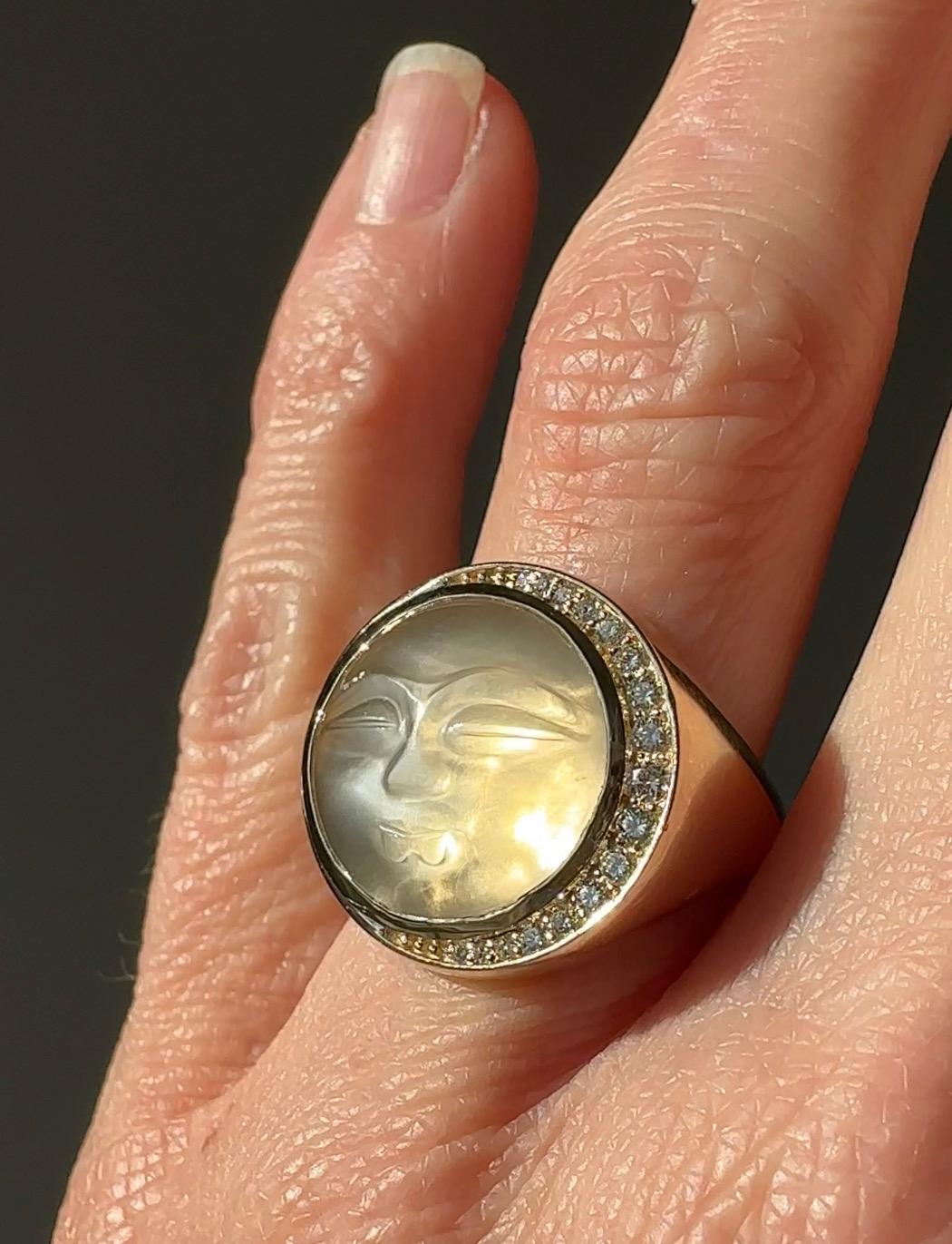 Cabochon Large 14K Moonstone Man in the Moon Ring - LPM For Sale
