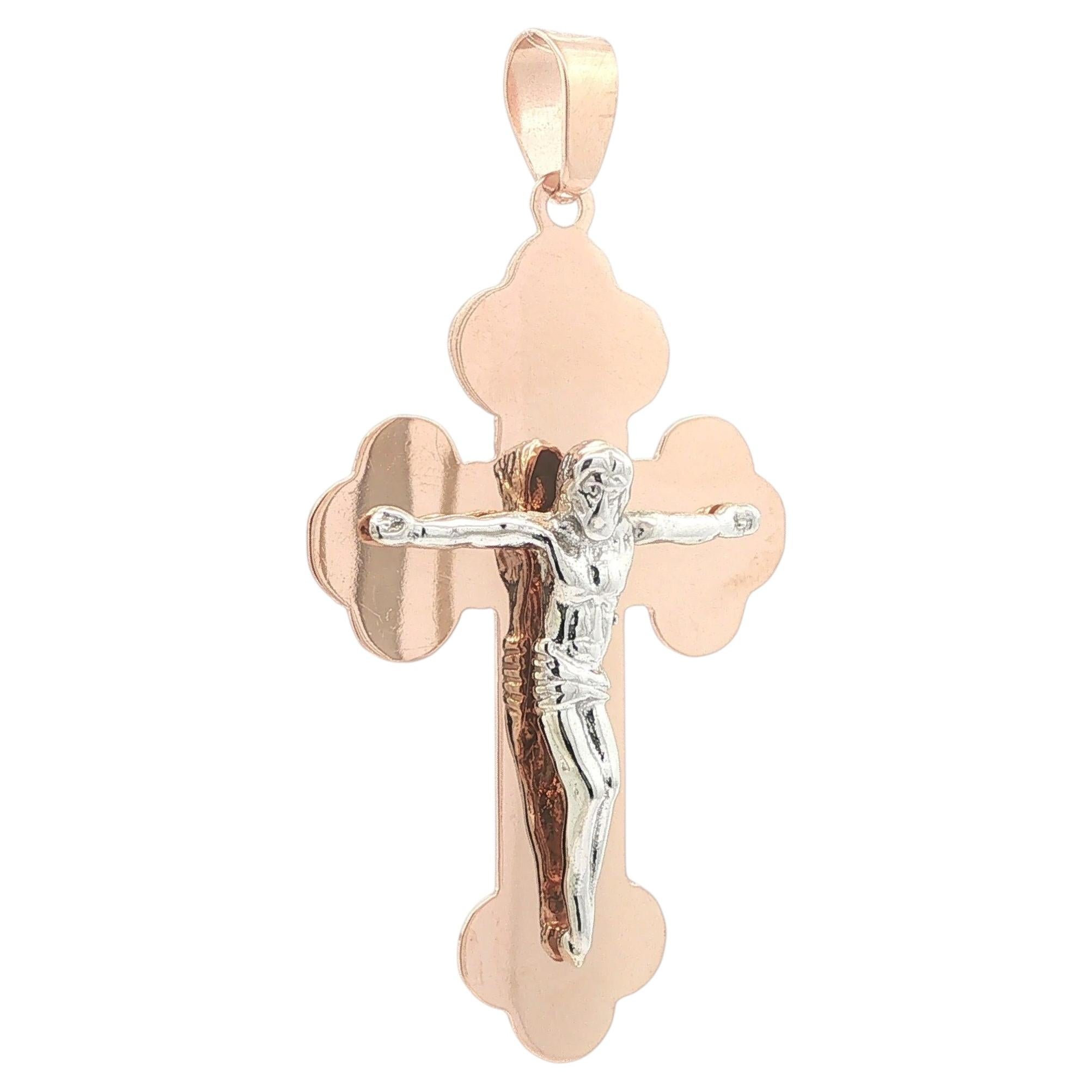 Large 14k Rose & White Solid Gold Orthodox Crucifix Cross Pendant