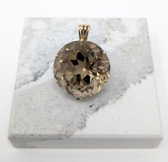 Large 14k Smoky Citrine Pendant Vintage Round Solid Yellow Gold Signed JP