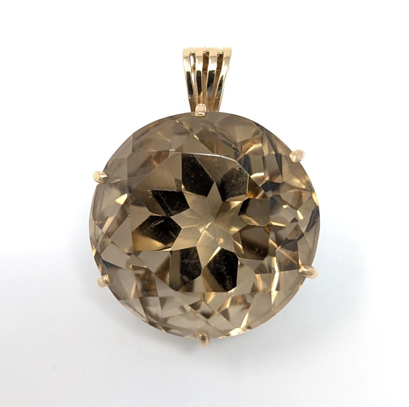 Grand pendentif vintage rond en or jaune massif 14 carats avec citrine fumée signé JP Bon état - En vente à Greer, SC