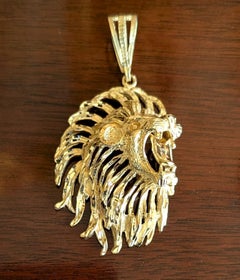 Large 14k Solid Yellow Gold Lion Pendant Diamond Cut Figural Fine Jewelry