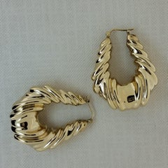 Large 14 Karat Tapered Domed Ribbed / Fluted Shrimp Hoop Design Earrings