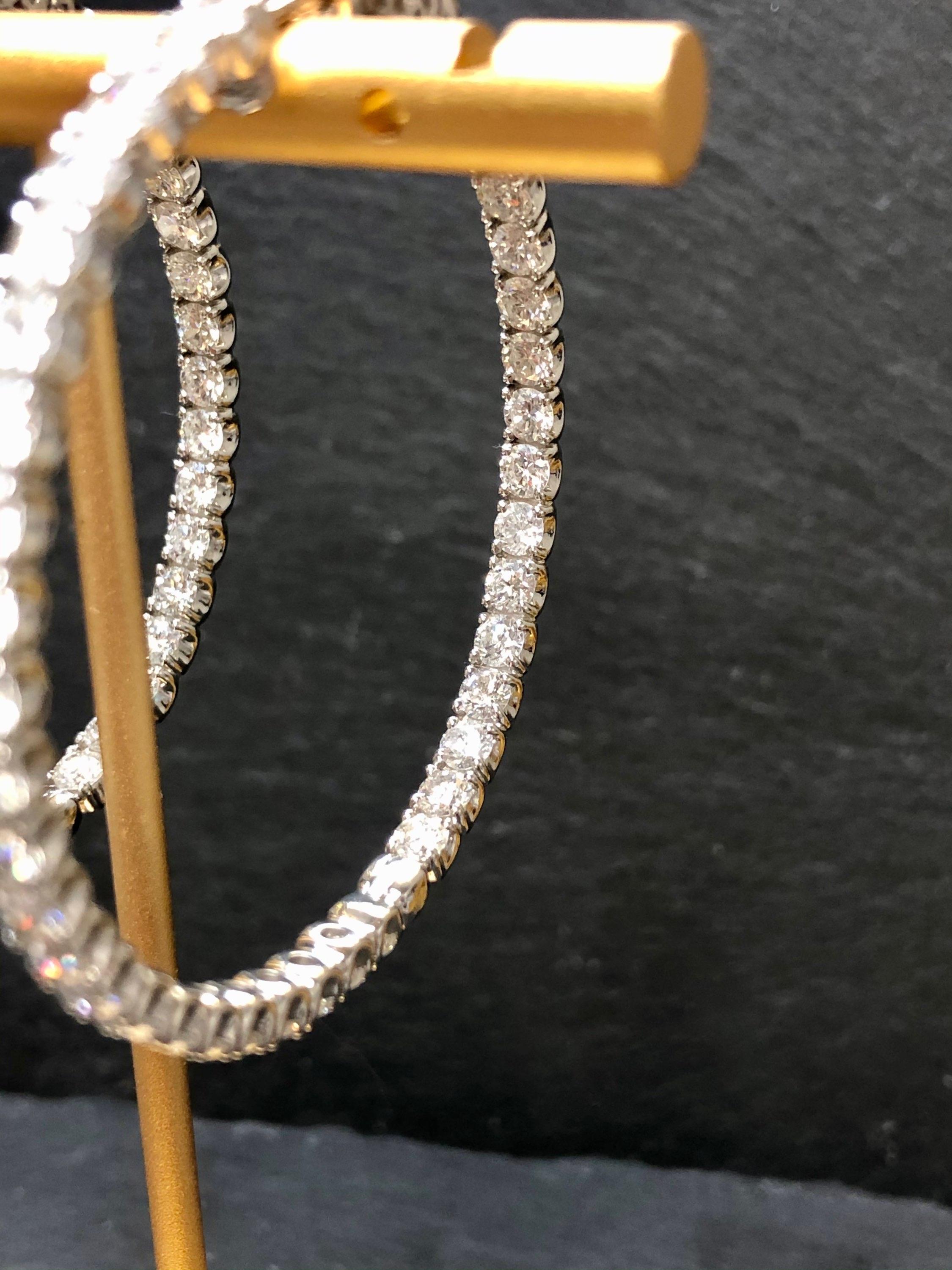 Contemporary Large 14k White Gold Inside Outside 10.50cttw Diamond Hoop Earrings For Sale