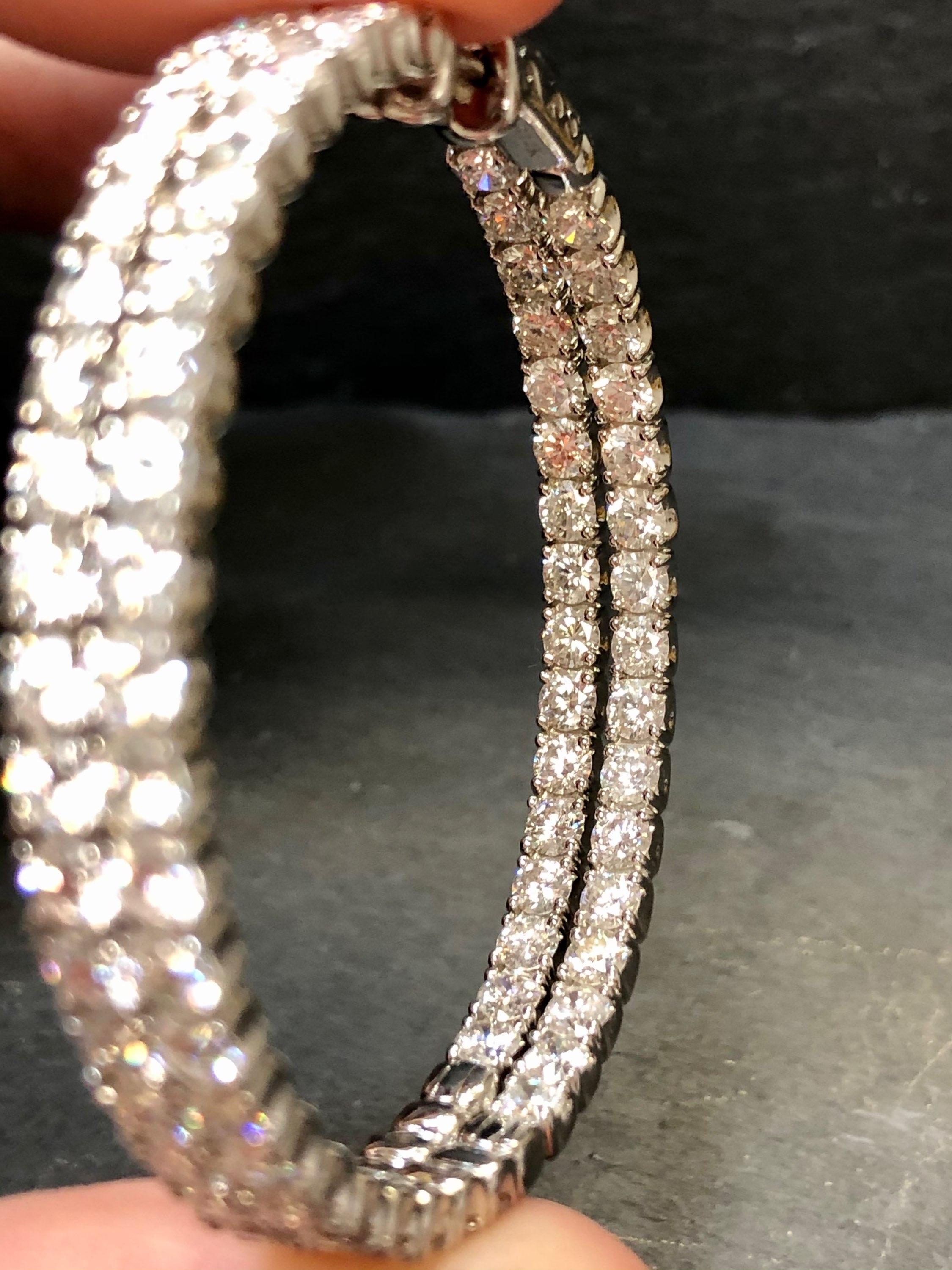 Round Cut Large 14k White Gold Inside Outside 10.50cttw Diamond Hoop Earrings For Sale