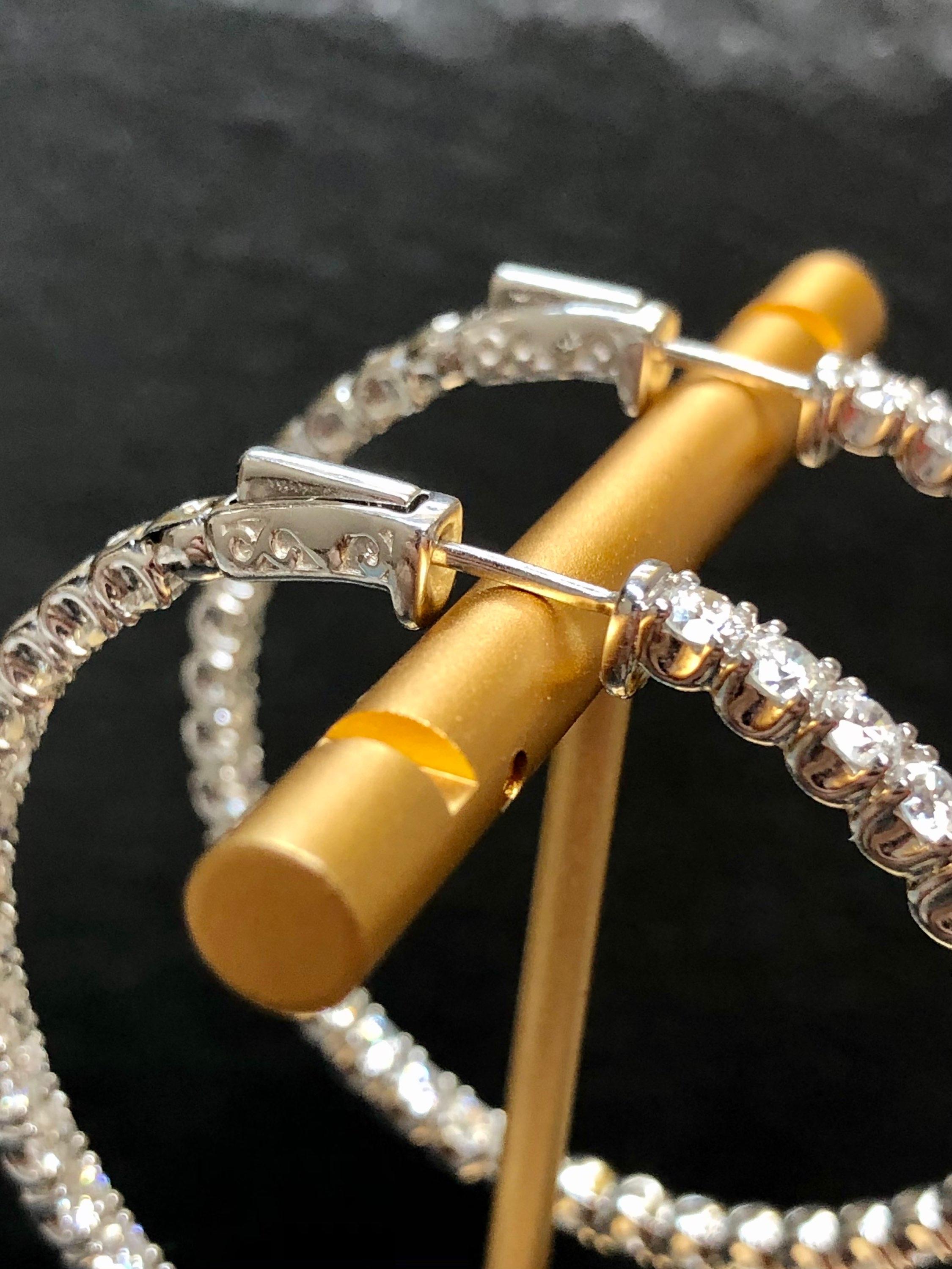 Large 14k White Gold Inside Outside 10.50cttw Diamond Hoop Earrings In Good Condition For Sale In Winter Springs, FL