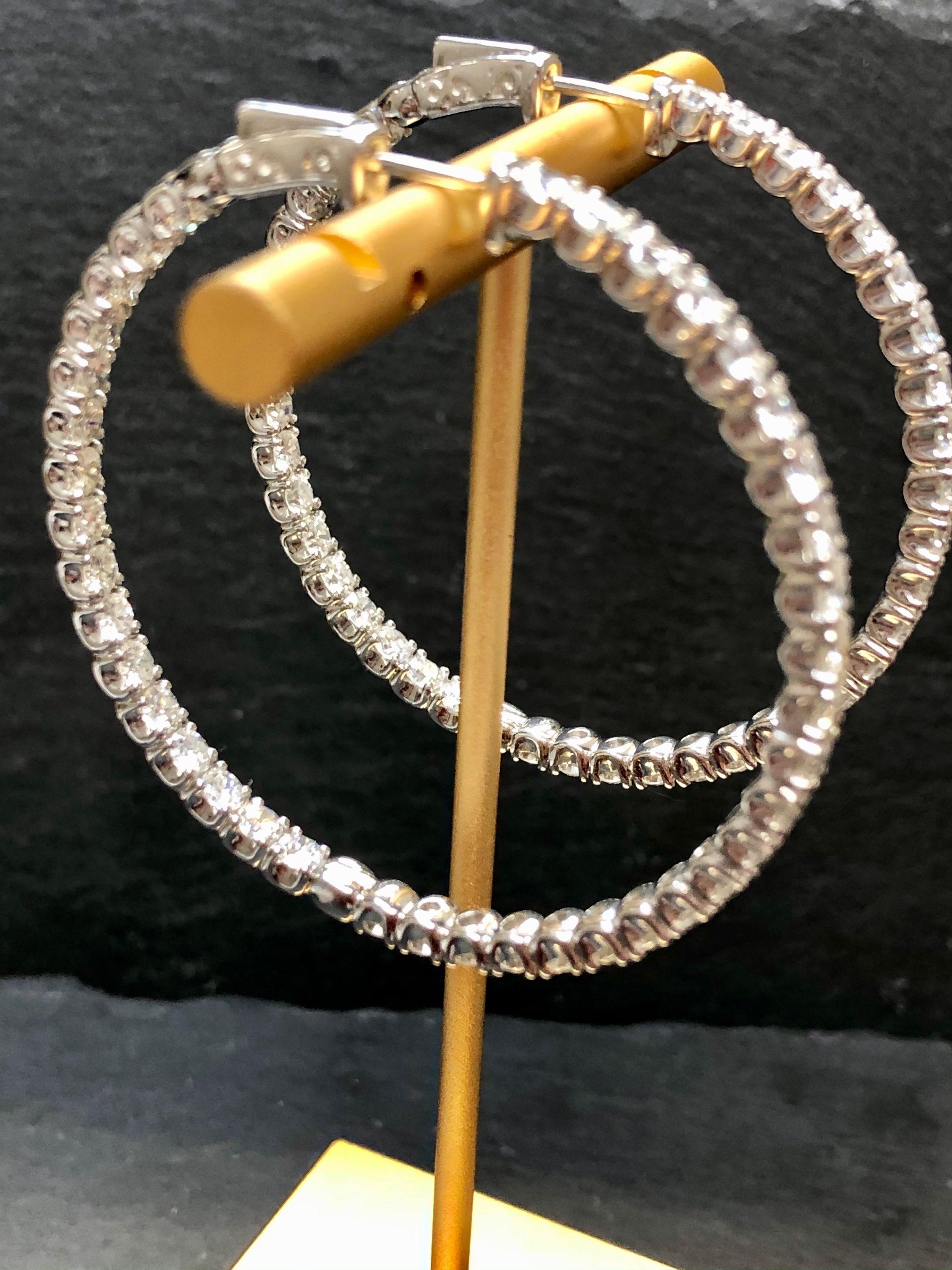 Women's Large 14k White Gold Inside Outside 10.50cttw Diamond Hoop Earrings For Sale